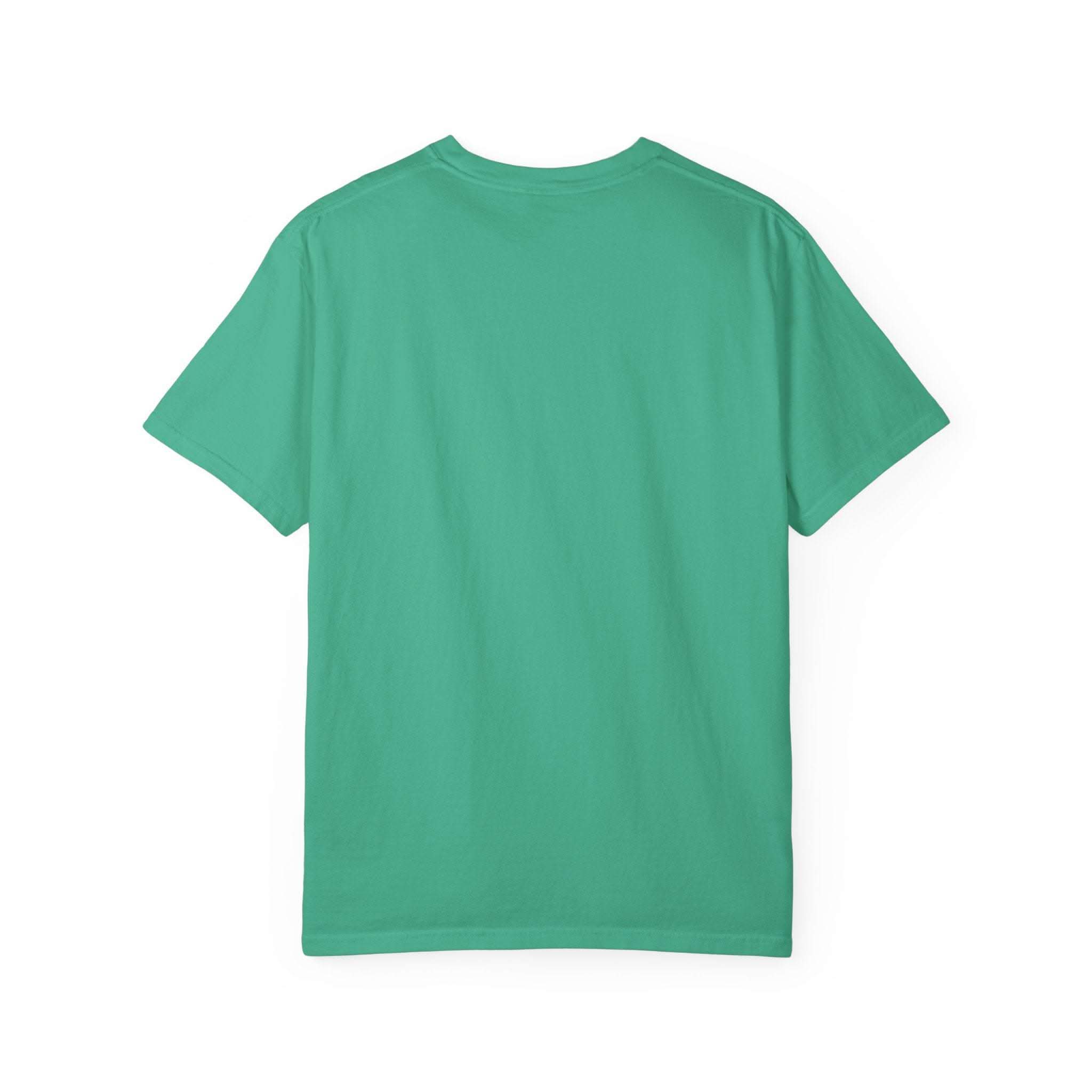 Green garment-dyed tee with soft texture and durable double-needle stitching, 100% US cotton
