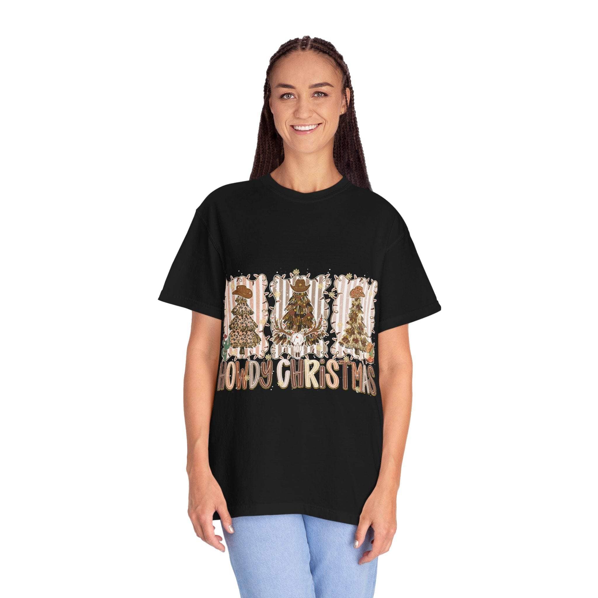 Cowboy Howdy Christmas black t-shirt with festive cowboy tree design worn by smiling woman