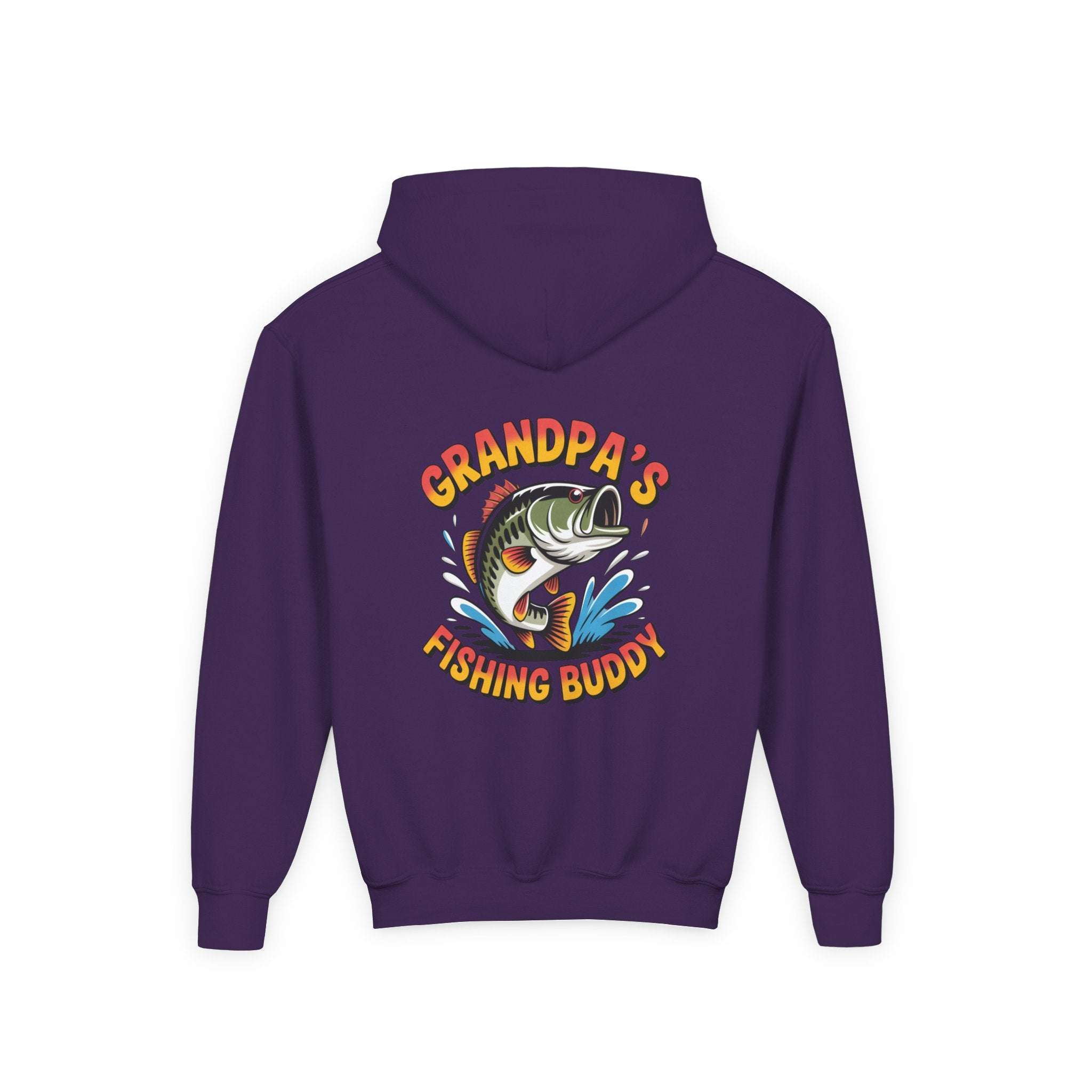Youth hoodie with embroidered Grandpas Fishing Buddy design and kangaroo pocket