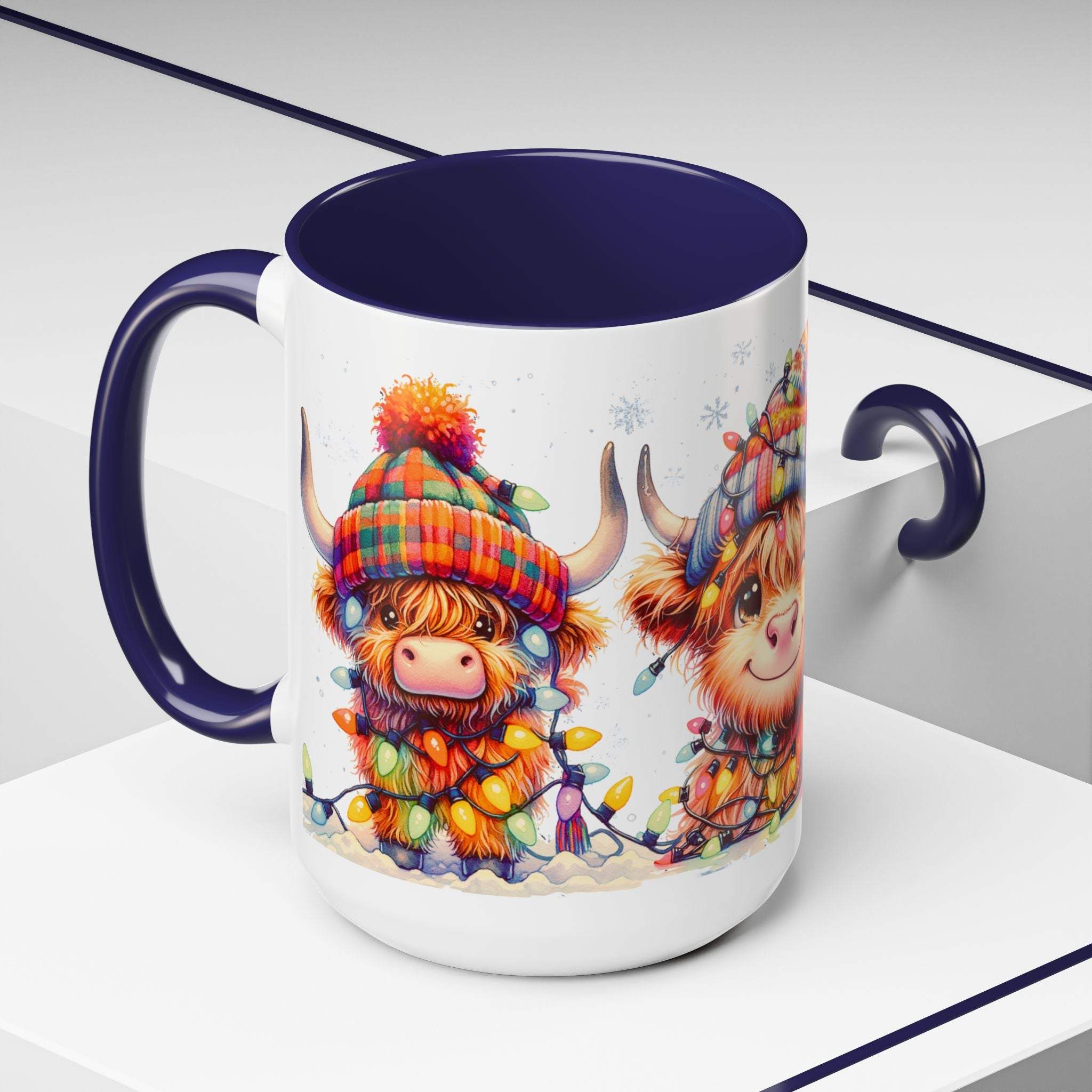 Christmas coffee mug with Scottish Highland Cow wearing a colorful winter hat and holiday lights design