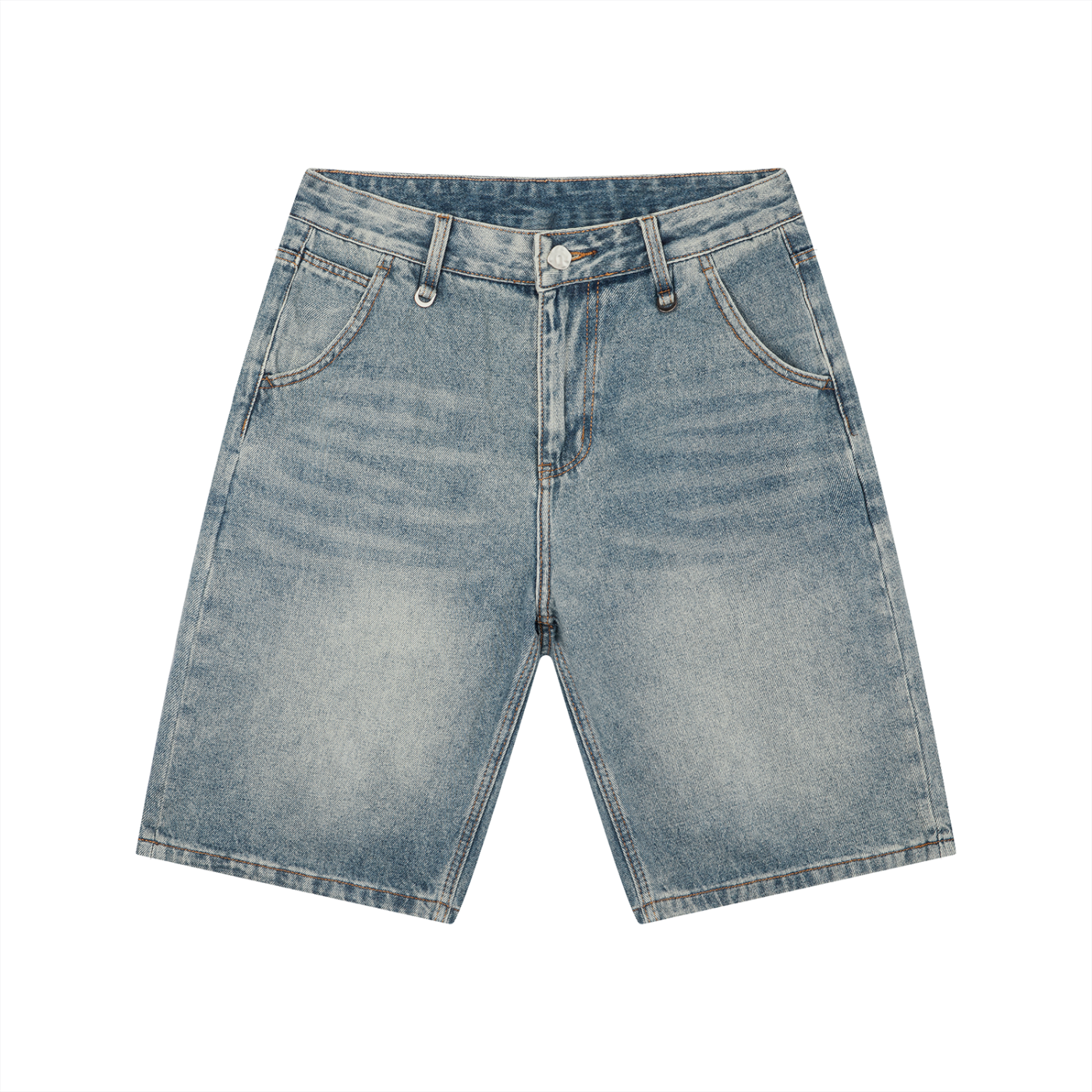 Men’s vintage wash denim shorts loose fit mid-rise waist zip fly straight hem slash pockets vintage blue color