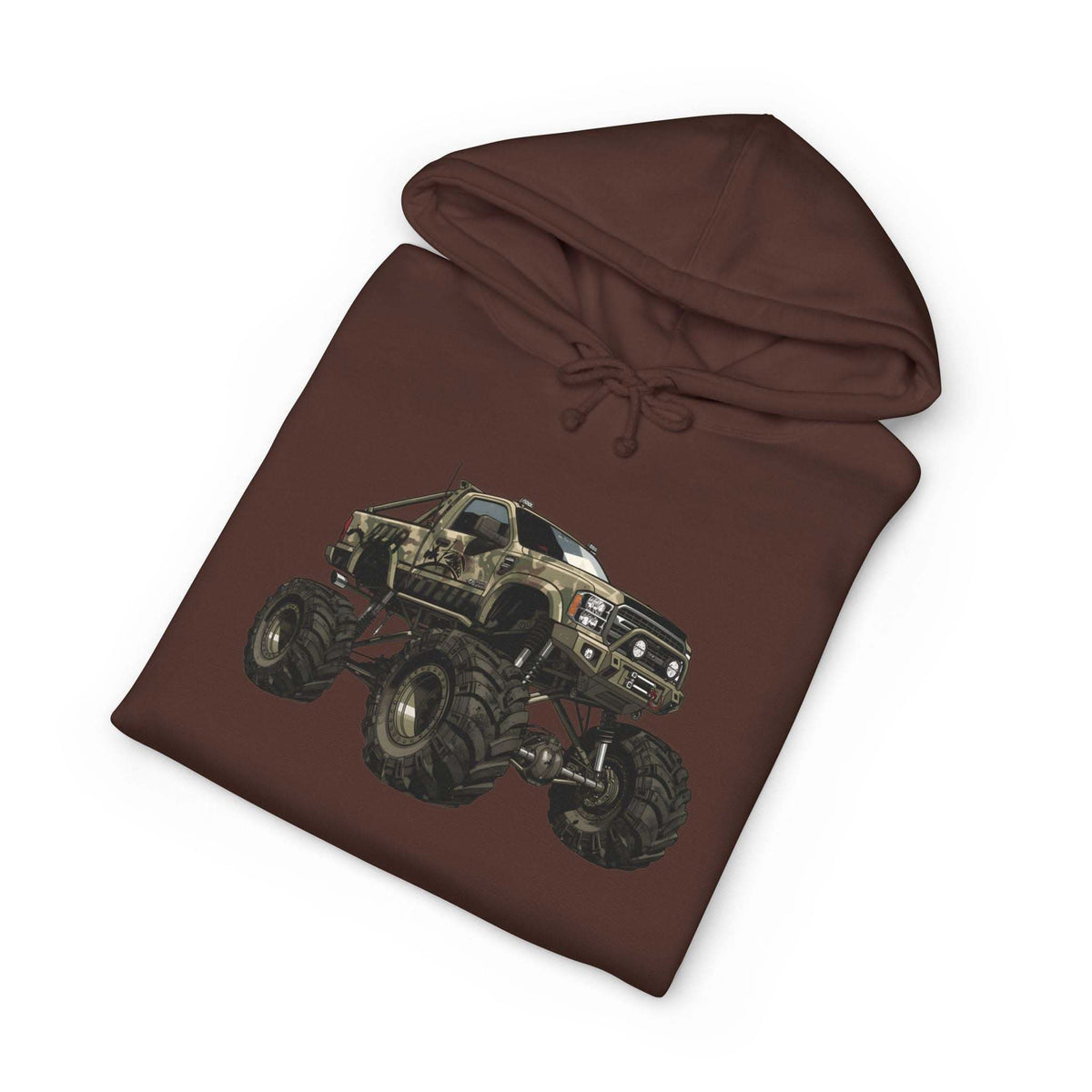 American Flag Monster Truck hoodie with camouflage truck graphic and distressed flag design