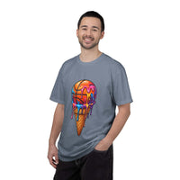 Colorful dripping ice cream cone graphic on relaxed-fit neon melting ice cream t-shirt