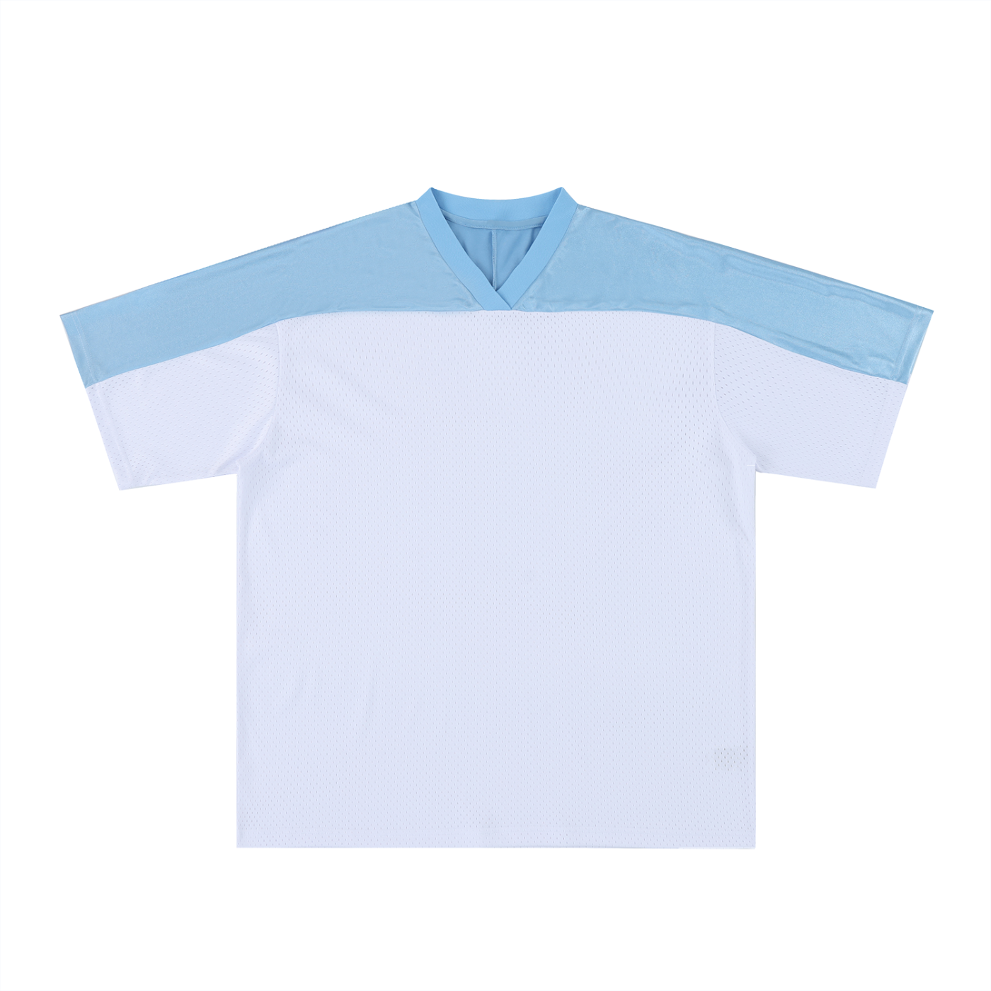 Unisex oversized mesh V-neck soccer jersey in thin polyester fabric with short raglan sleeves and casual sporty style