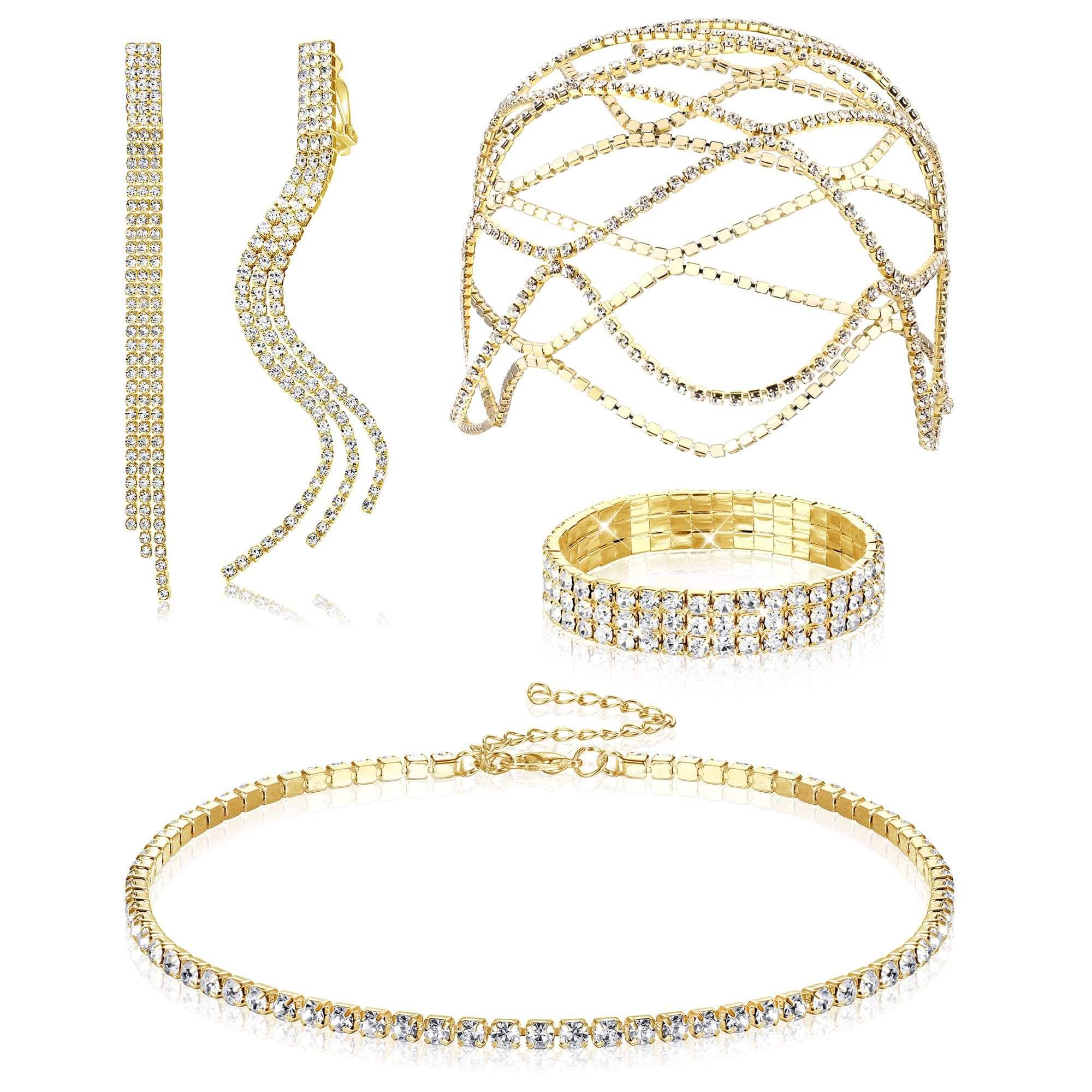 Rhinestone wedding jewelry kit with bracelet, choker, earrings, and headpiece in silver and gold tones