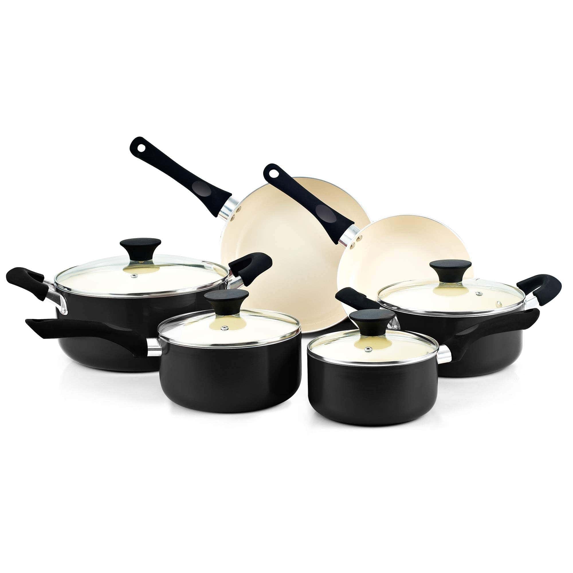 10-piece black nonstick cookware set with ceramic coating and glass lids