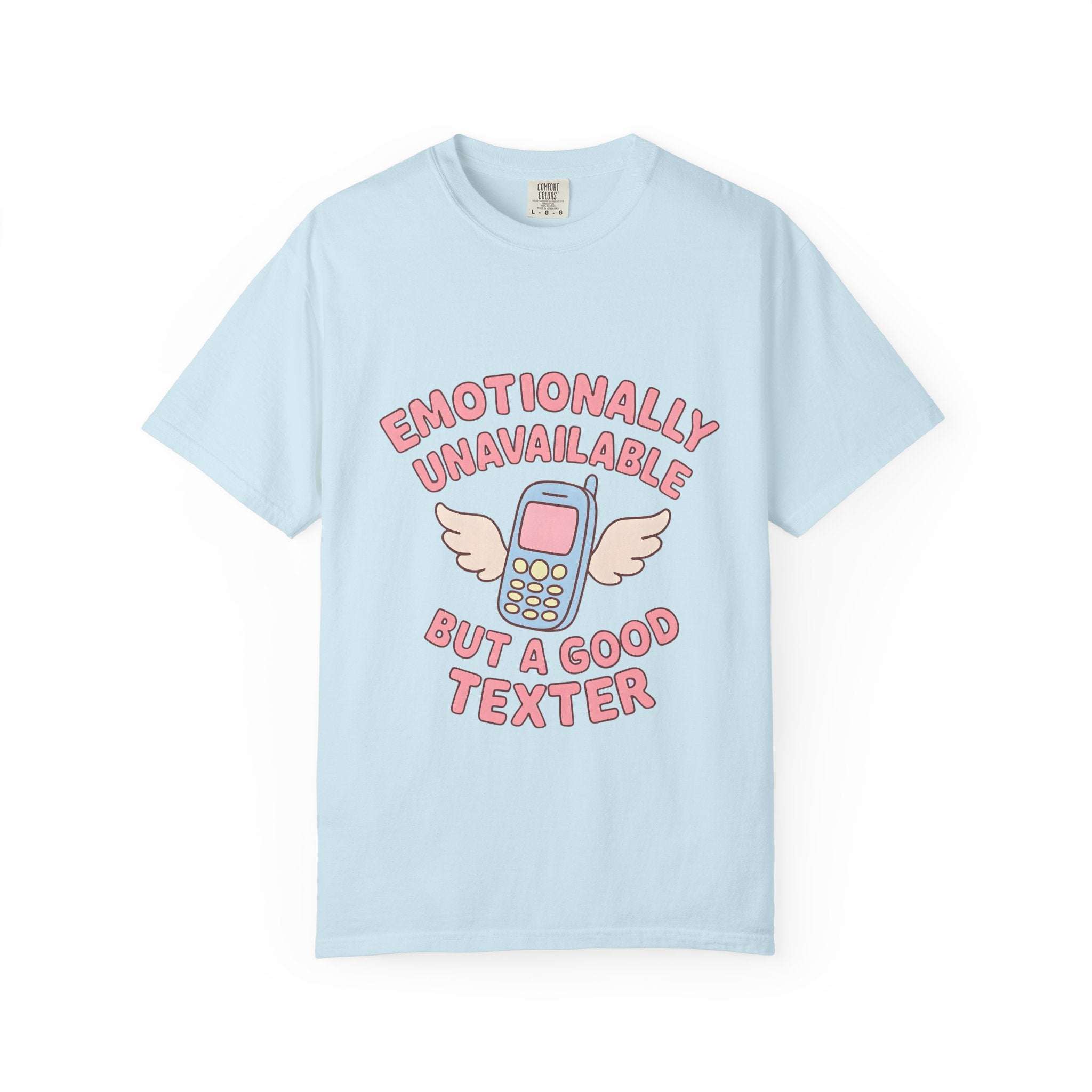 Black graphic t-shirt with 'Emotionally Unavailable But A Good Texter' print by Printify, suitable for introverts