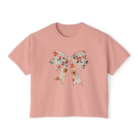 Womens floral coquette bow design tee in butter color, boxy fit, made from vintage cotton by Printify