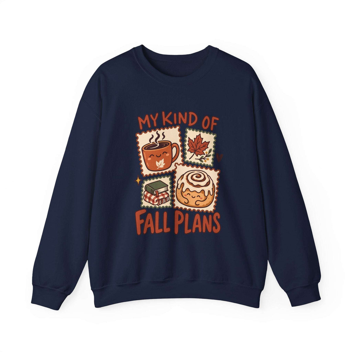 A navy blue crewneck sweatshirt featuring a graphic print with the text 'MY KIND OF FALL PLANS' and four autumn-themed illustrations including a coffee cup, maple leaf, sandwich, and cinnamon roll.