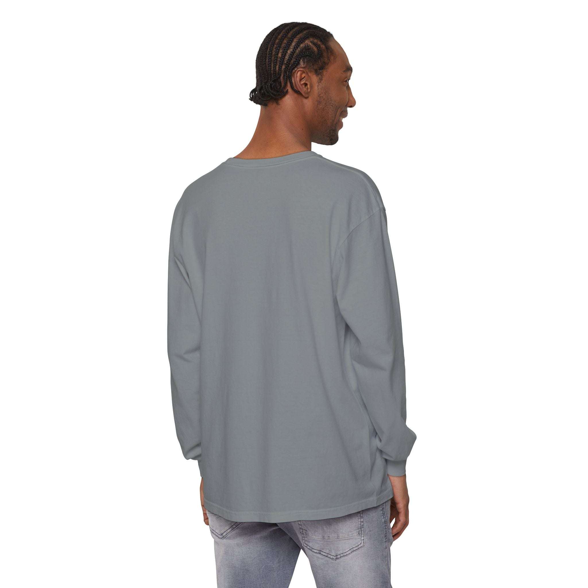 Man wearing plain gray long sleeve t-shirt from back view