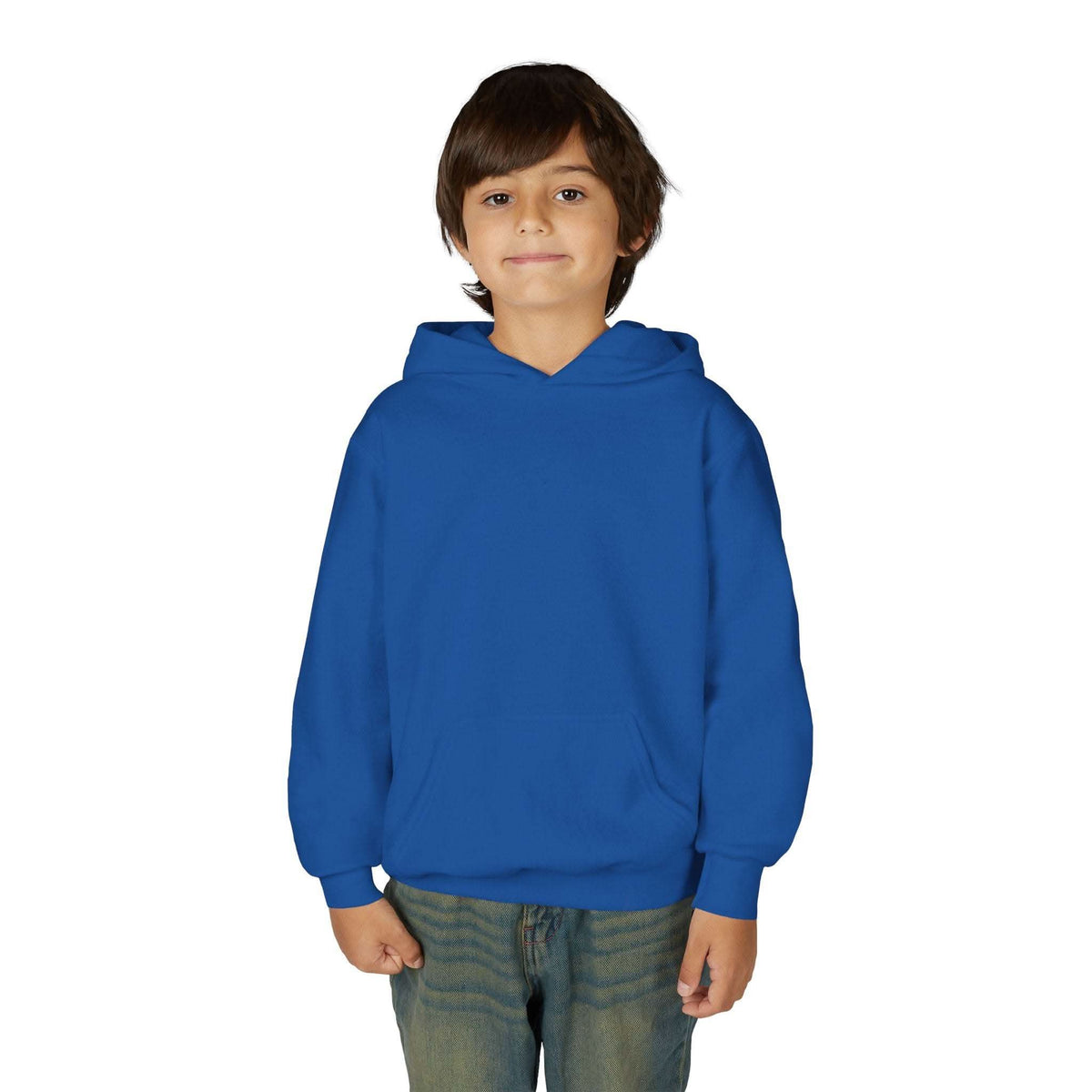 Child wearing blue Patchwork Wild Word Hoodie with kangaroo pocket and youth fit