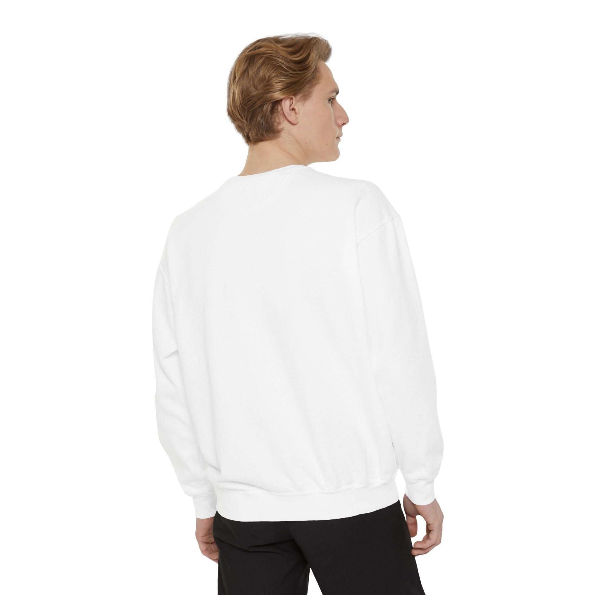 White garment-dyed sweatshirt featuring festive Christmas lights design by Printify