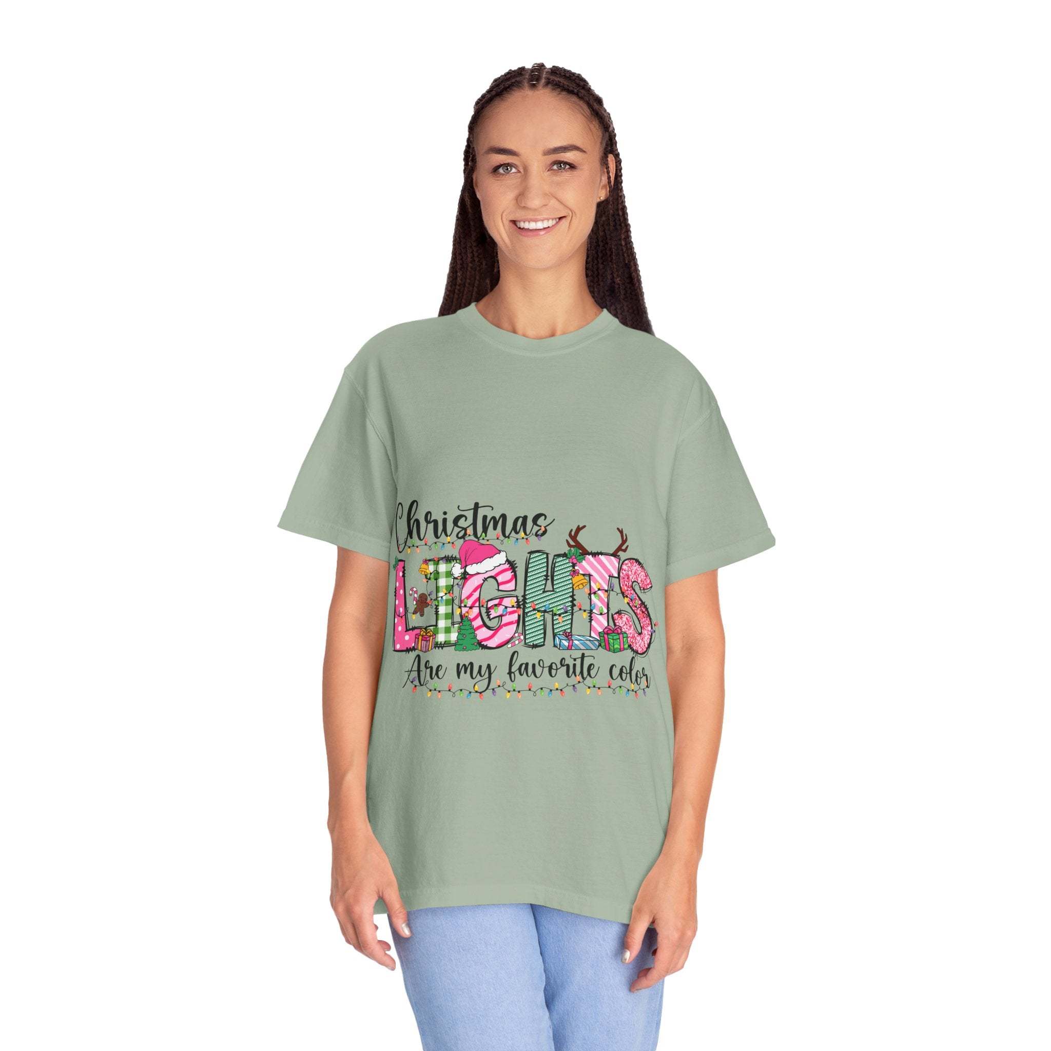 Christmas Lights Are My Favorite Color T-Shirt in soft garment-dyed cotton with relaxed fit and festive holiday text design