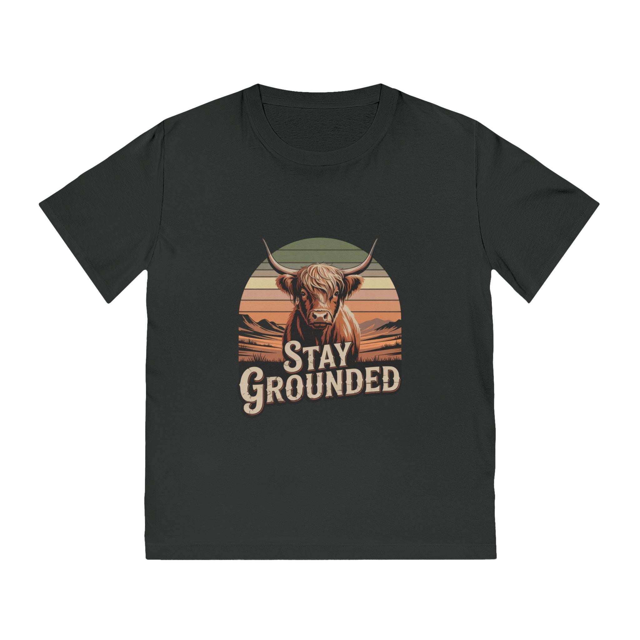 Black t-shirt with a bull graphic and 'Stay Grounded' text on a white background