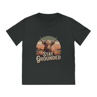 Black t-shirt with a bull graphic and 'Stay Grounded' text on a white background