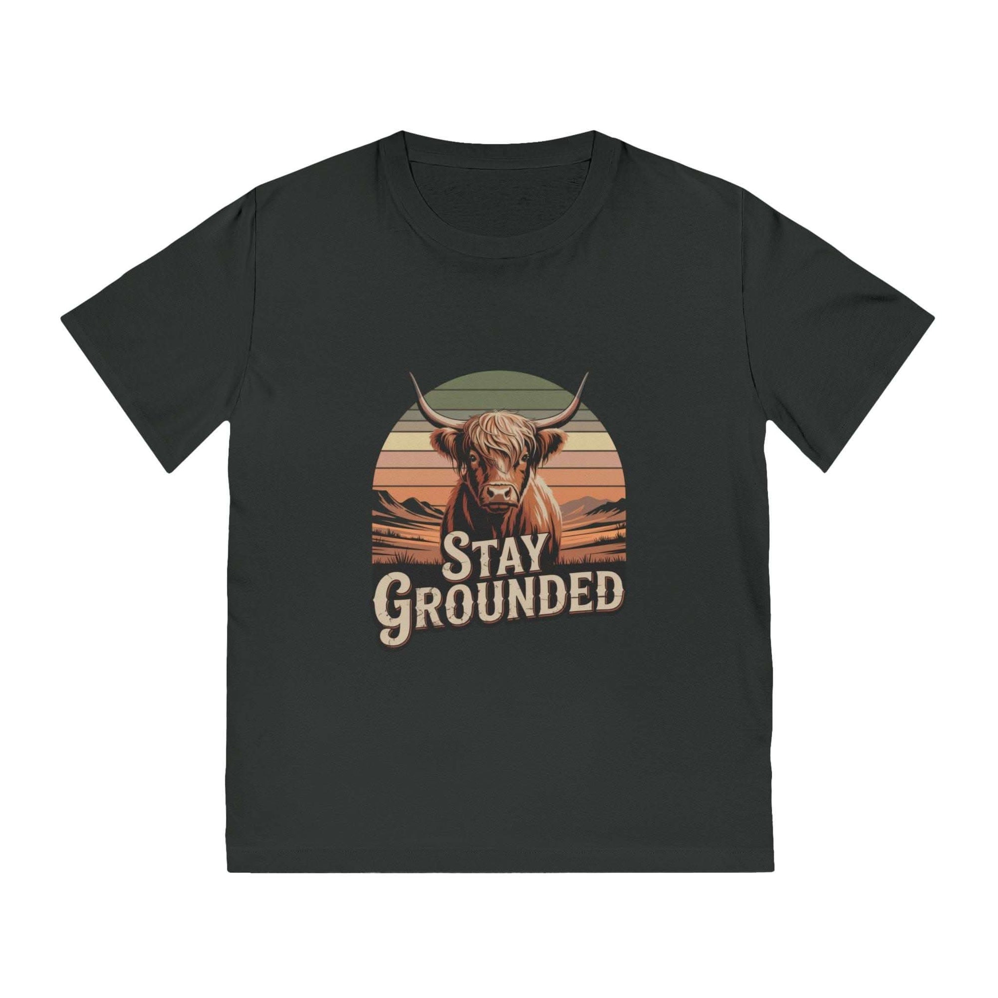 Black t-shirt with a bull graphic and 'Stay Grounded' text on a white background