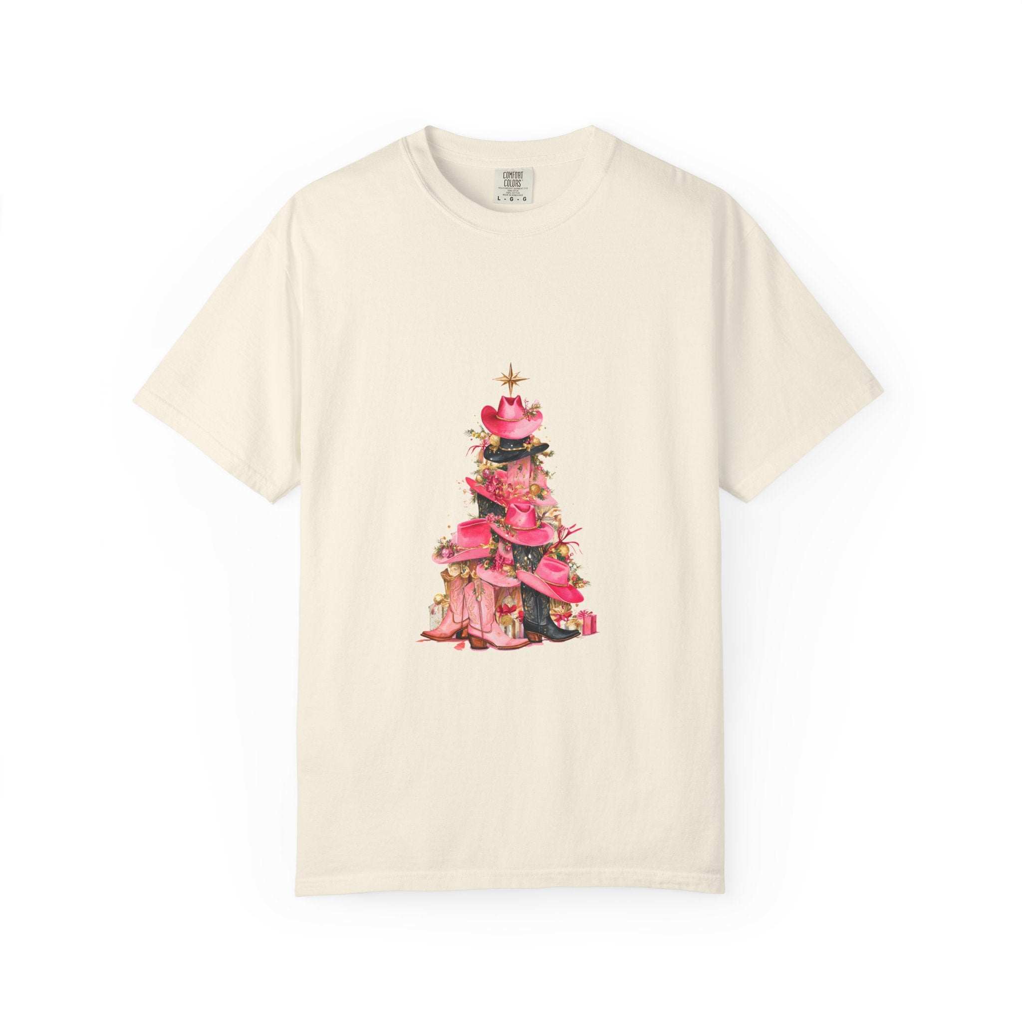 Pepper-colored Cowgirl Christmas Tree T-shirt from Printify, featuring festive graphics for holiday wear.