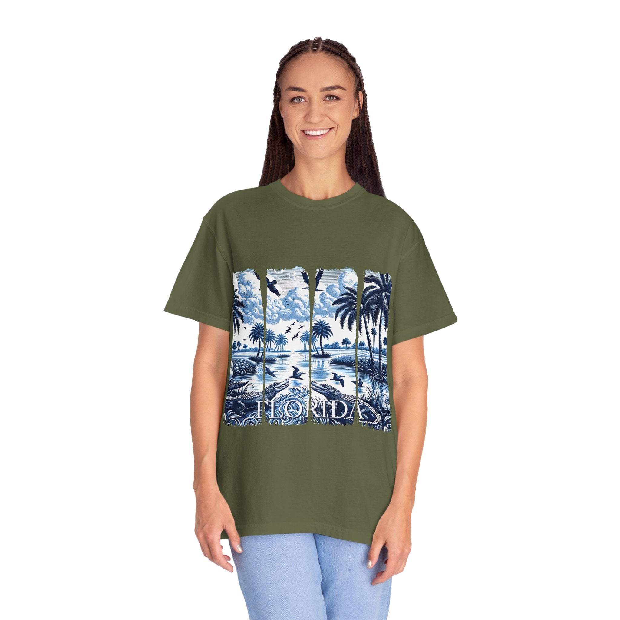 Blue Chinoise Brushstroke T-shirt with soft blue chinoiserie brushstroke design on garment-dyed cotton fabric