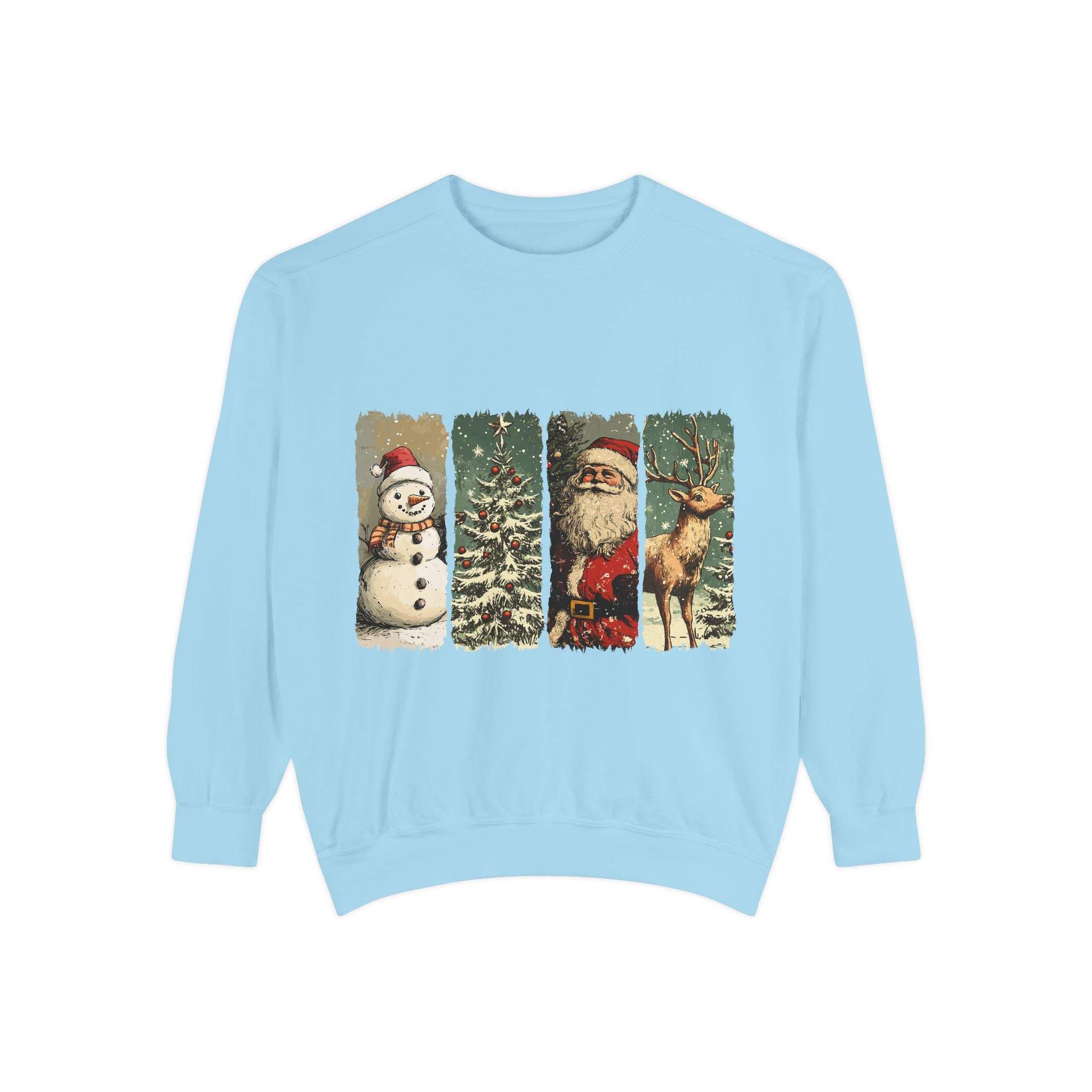 Light blue vintage Christmas sweatshirt with watercolor snowman, Christmas tree, Santa, and reindeer design