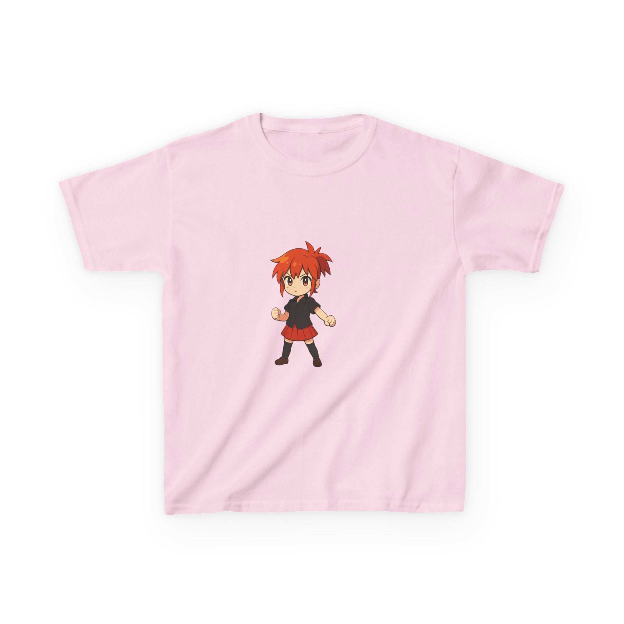 White 100% cotton kids t-shirt featuring an anime power girl design by Printify