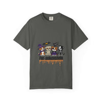Red Halloween-themed T-shirt featuring cute puppies, perfect for casual wear, by Printify.
