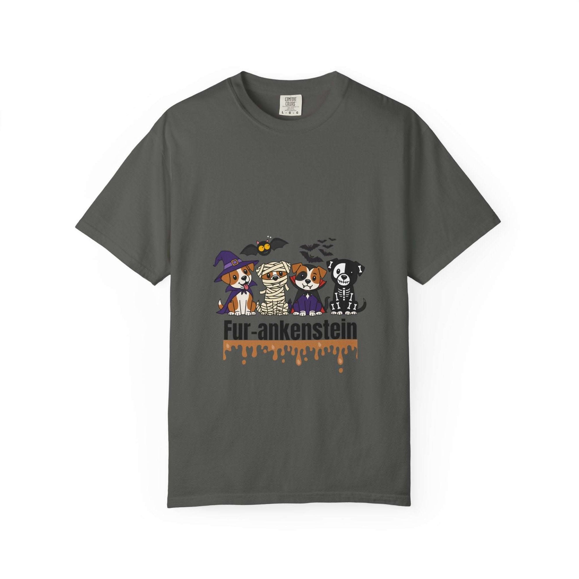 Red Halloween-themed T-shirt featuring cute puppies, perfect for casual wear, by Printify.
