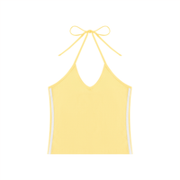 Women’s slim-fit color block halter crop tank top with V-neck and backless tie in cotton-spandex blend
