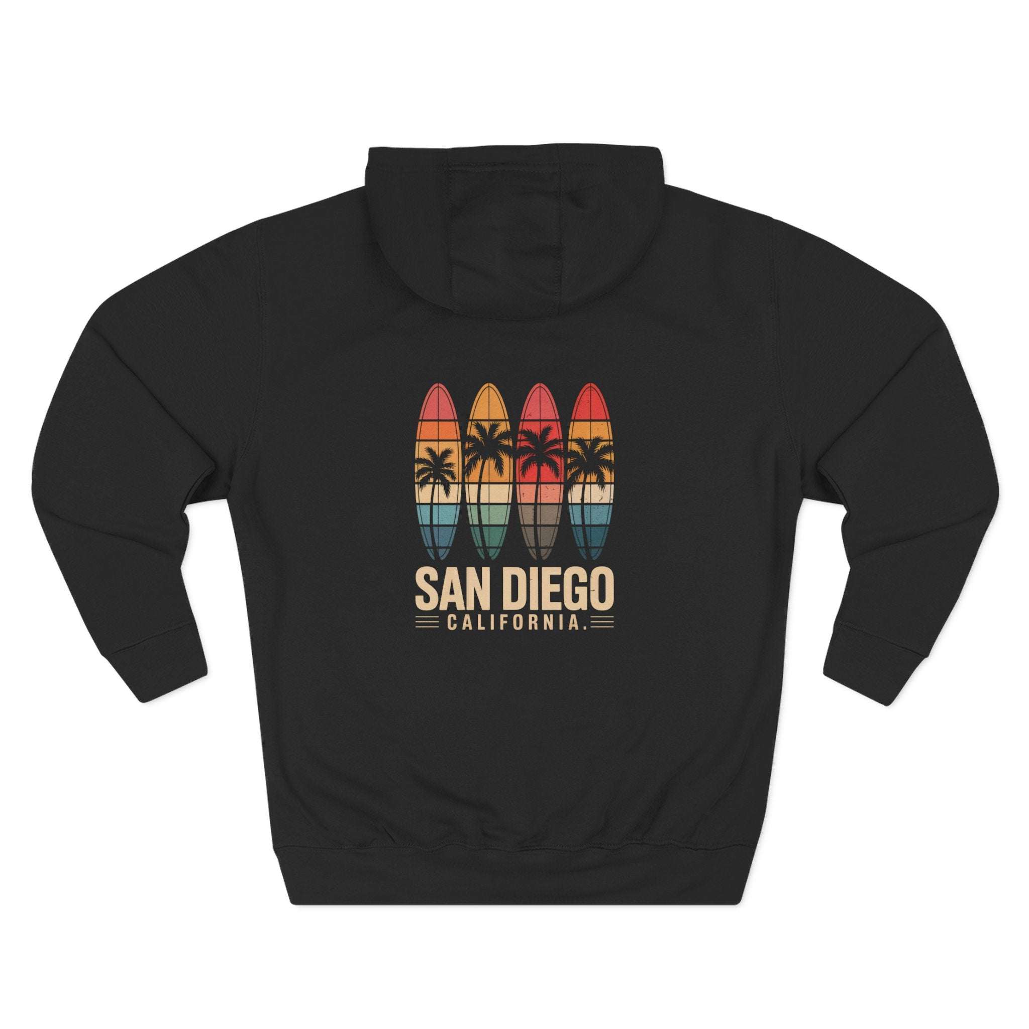 Retro San Diego surfboard graphic fleece hoodie with kangaroo pocket and adjustable hood