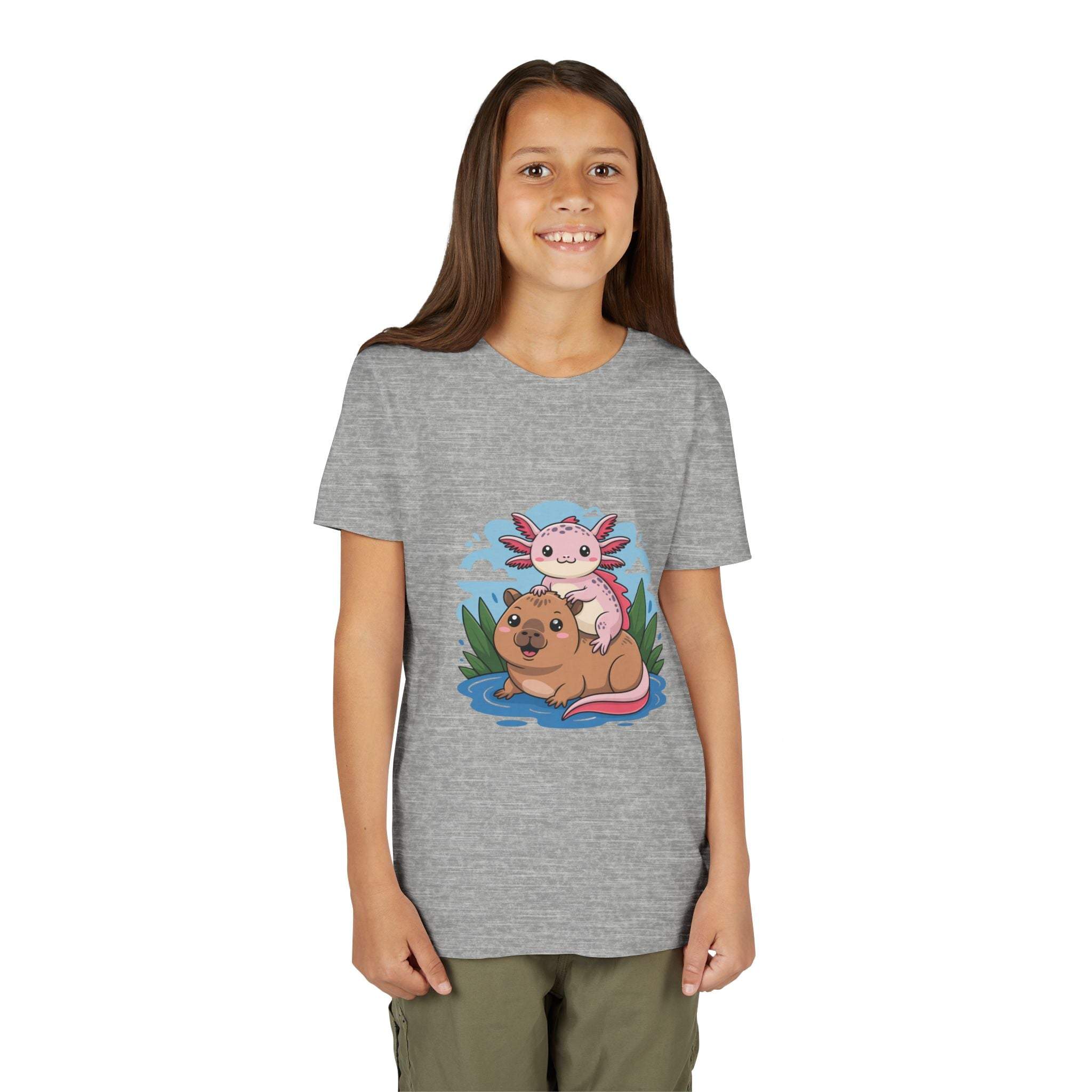Youth tee with axolotl on capybara design, soft breathable cotton, relaxed fit for kids