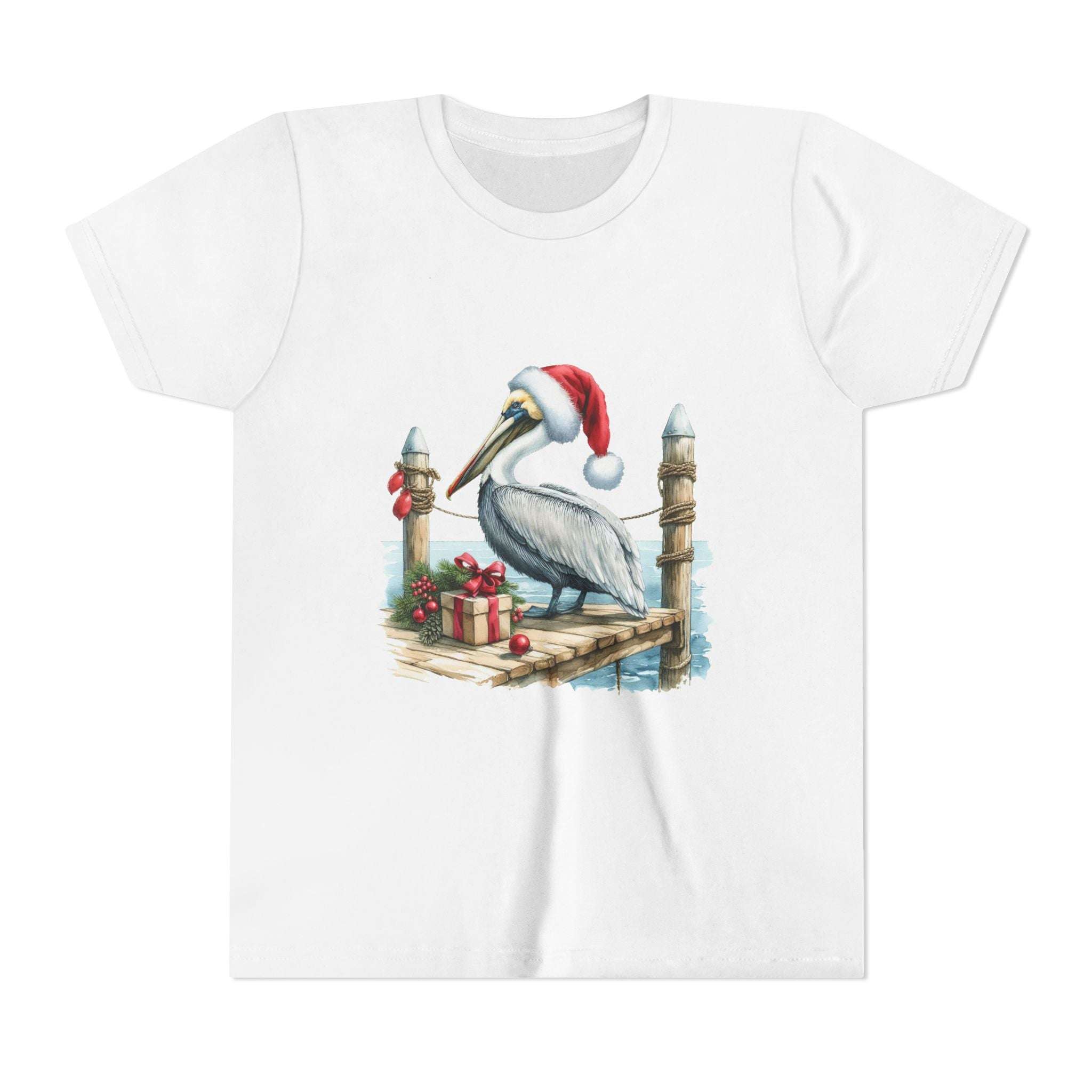 Pelican Santa Hat youth t-shirt in black, festive coastal Christmas design for kids