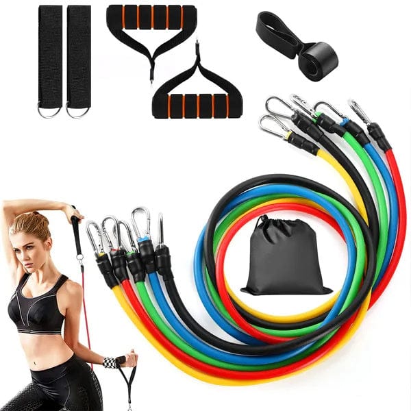 FlexiFit 11pc Resistance Band Kit with 5 color-coded stackable resistance bands, door anchor, ankle straps, cushioned handles, and waterproof carrying bag for versatile home workouts and travel