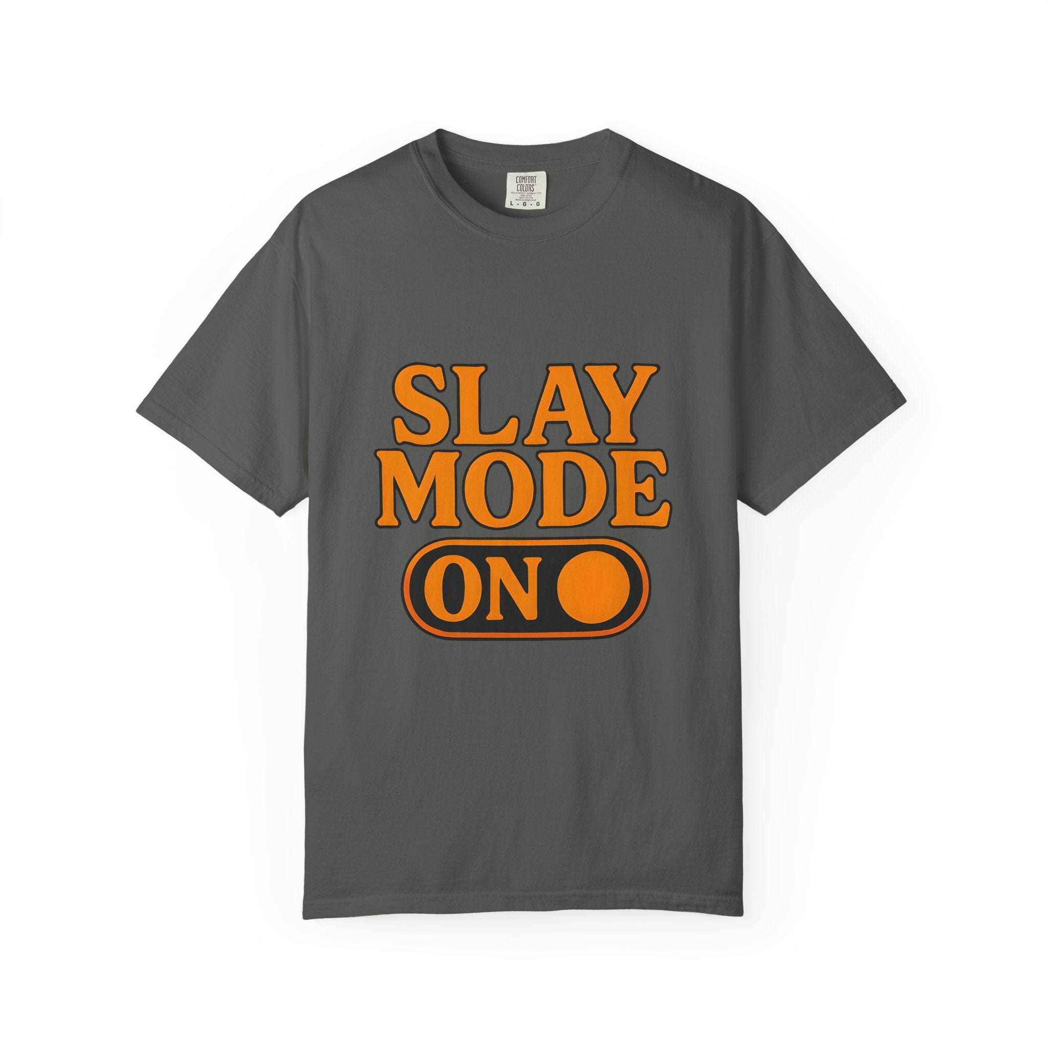 Garment-dyed black t-shirt with 'Slay Mode On' text, casual fit by Printify