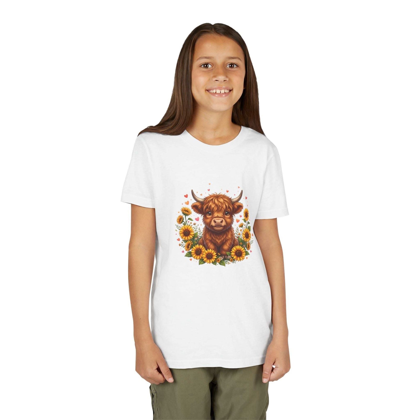 Youth tee featuring Highland cow surrounded by vibrant sunflowers design