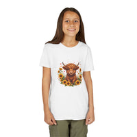 Youth tee featuring Highland cow surrounded by vibrant sunflowers design