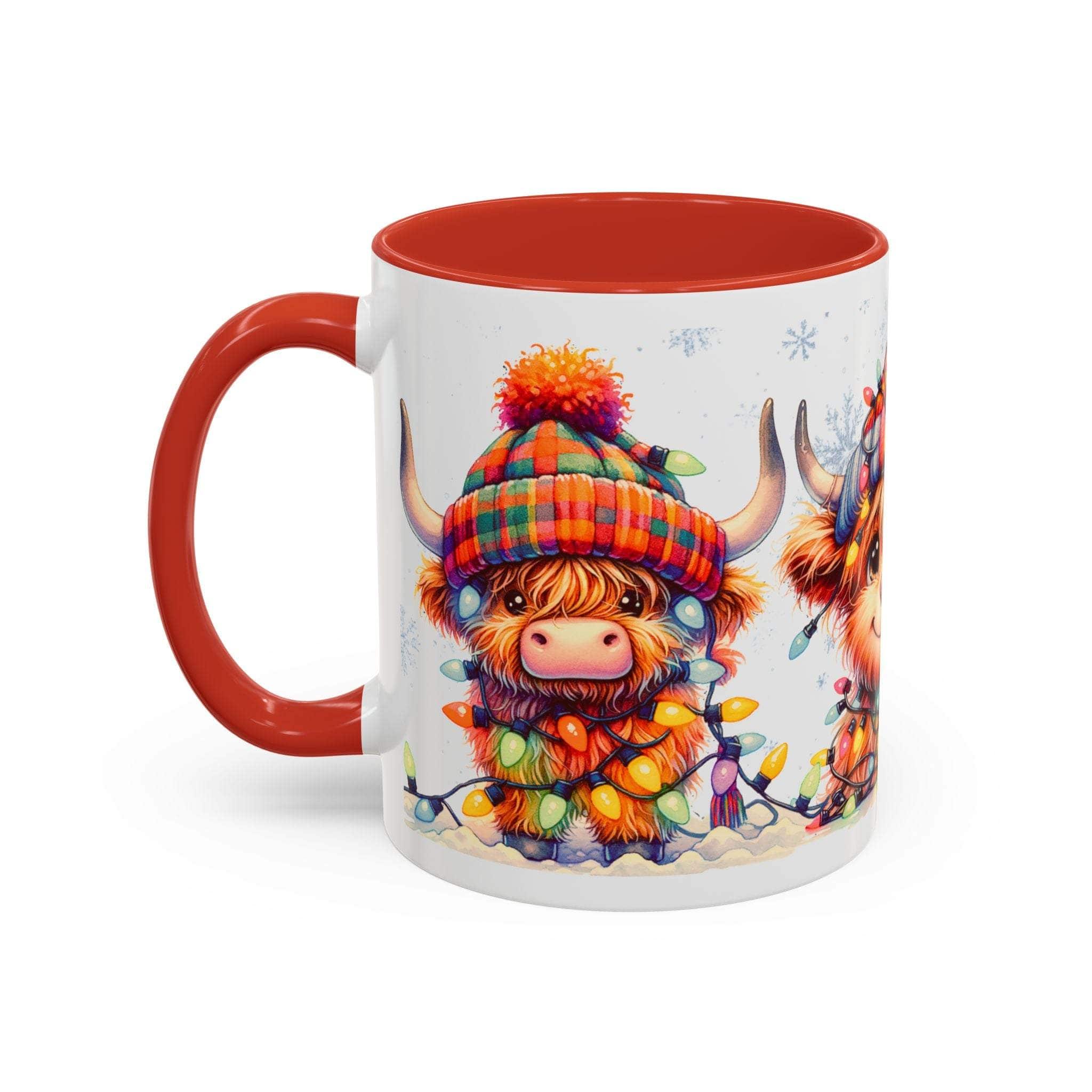 Mug with a cartoon Highland cow wearing a Christmas hat and lights on a white background