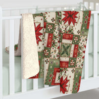 Vintage Christmas Patchwork Sherpa Blanket with plush fleece and nostalgic holiday patchwork design
