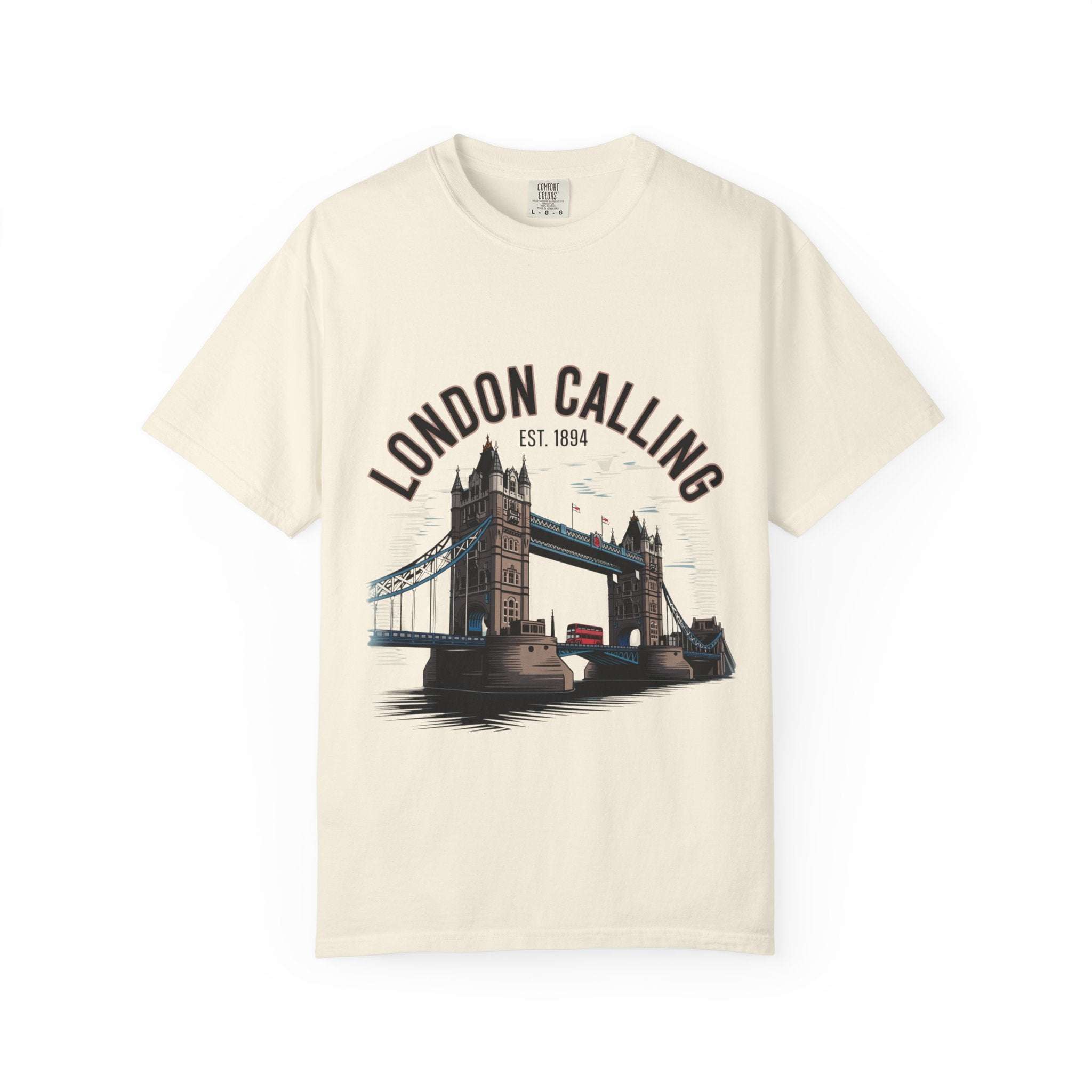Unisex black garment-dyed t-shirt featuring 'London Calling' design, perfect for travel enthusiasts.