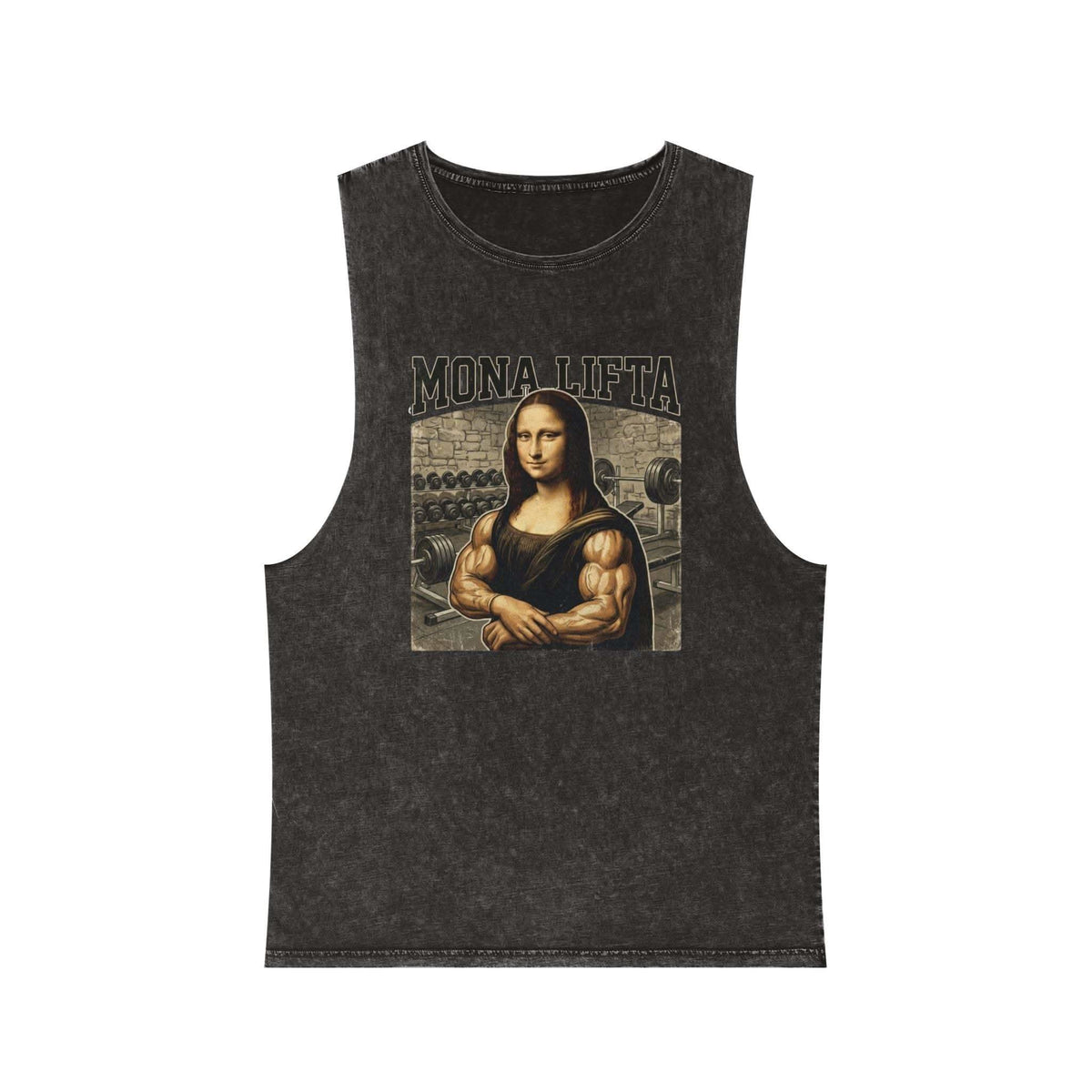 Mona Lifta muscle vintage stonewash tank top featuring buff Mona Lisa gym art design