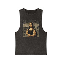 Mona Lifta muscle vintage stonewash tank top featuring buff Mona Lisa gym art design