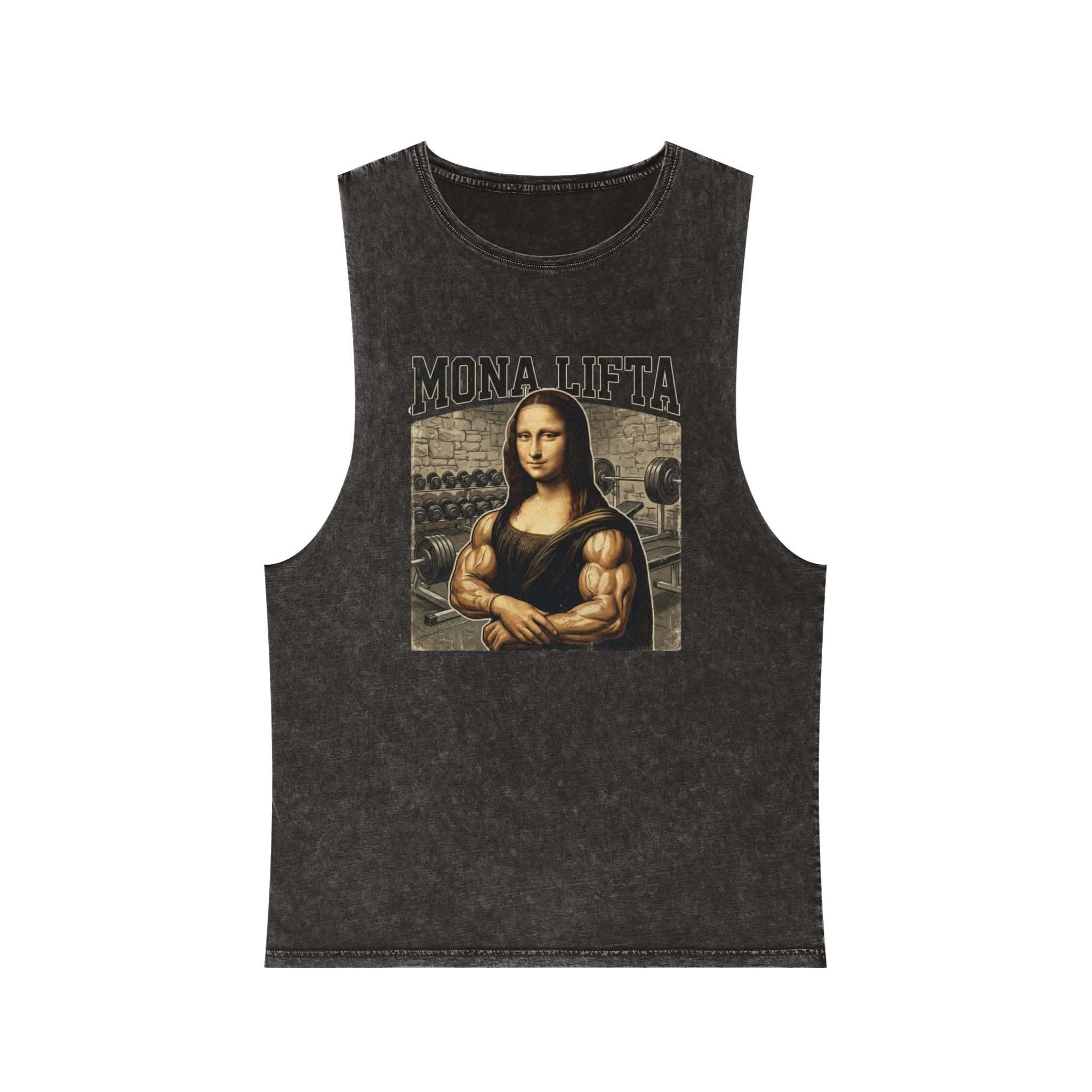 Mona Lifta muscle vintage stonewash tank top featuring buff Mona Lisa gym art design