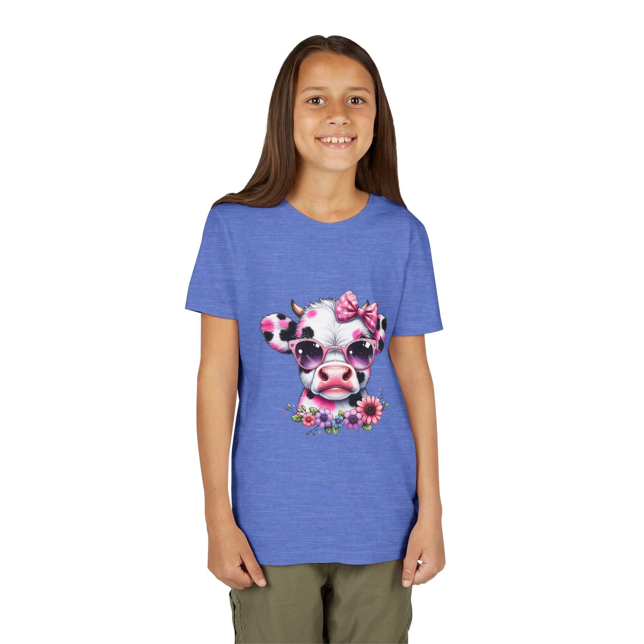 Pink floral highland cow graphic youth tee on soft, lightweight pink fabric