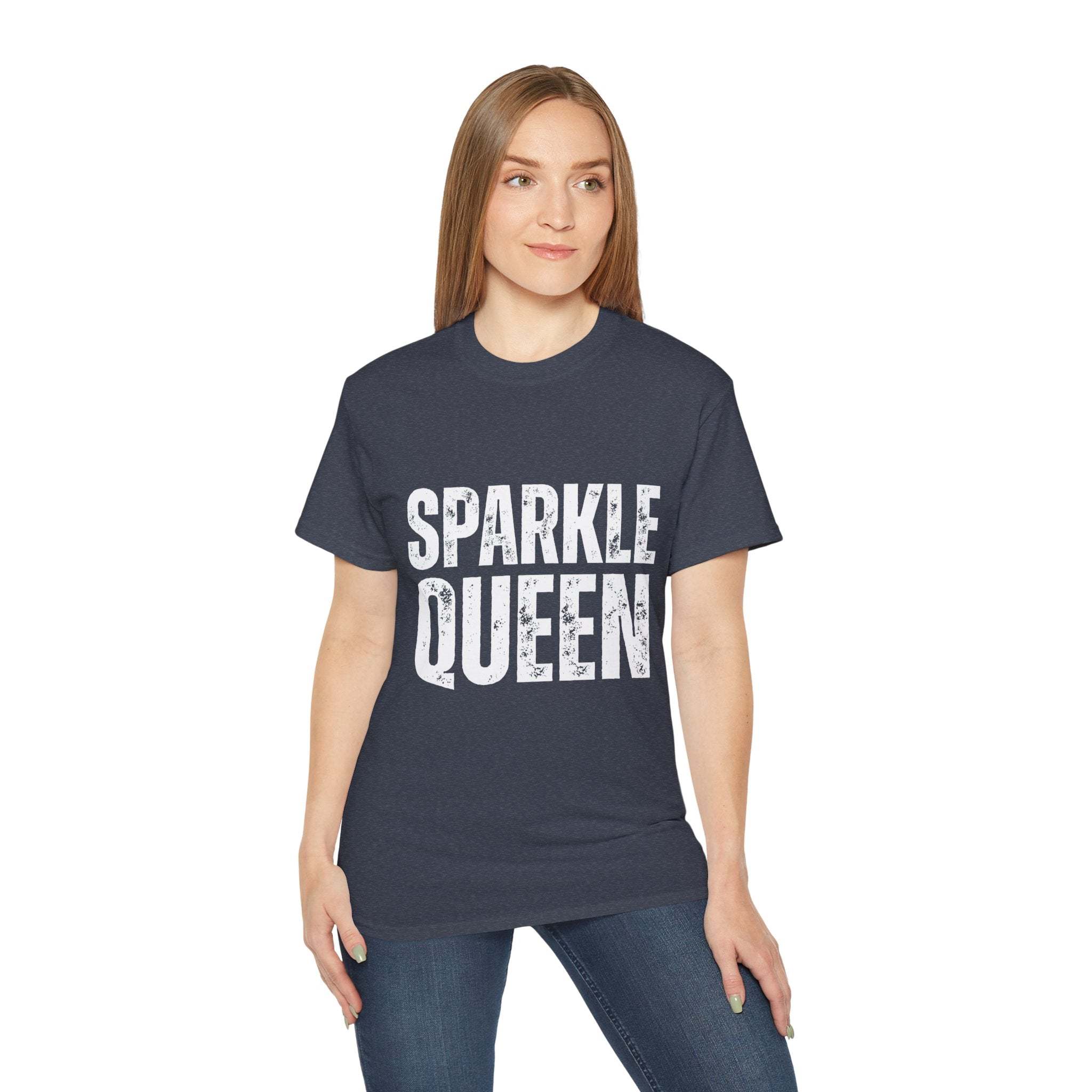 woman wearing navy distressed Sparkle Queen T-Shirt with white text