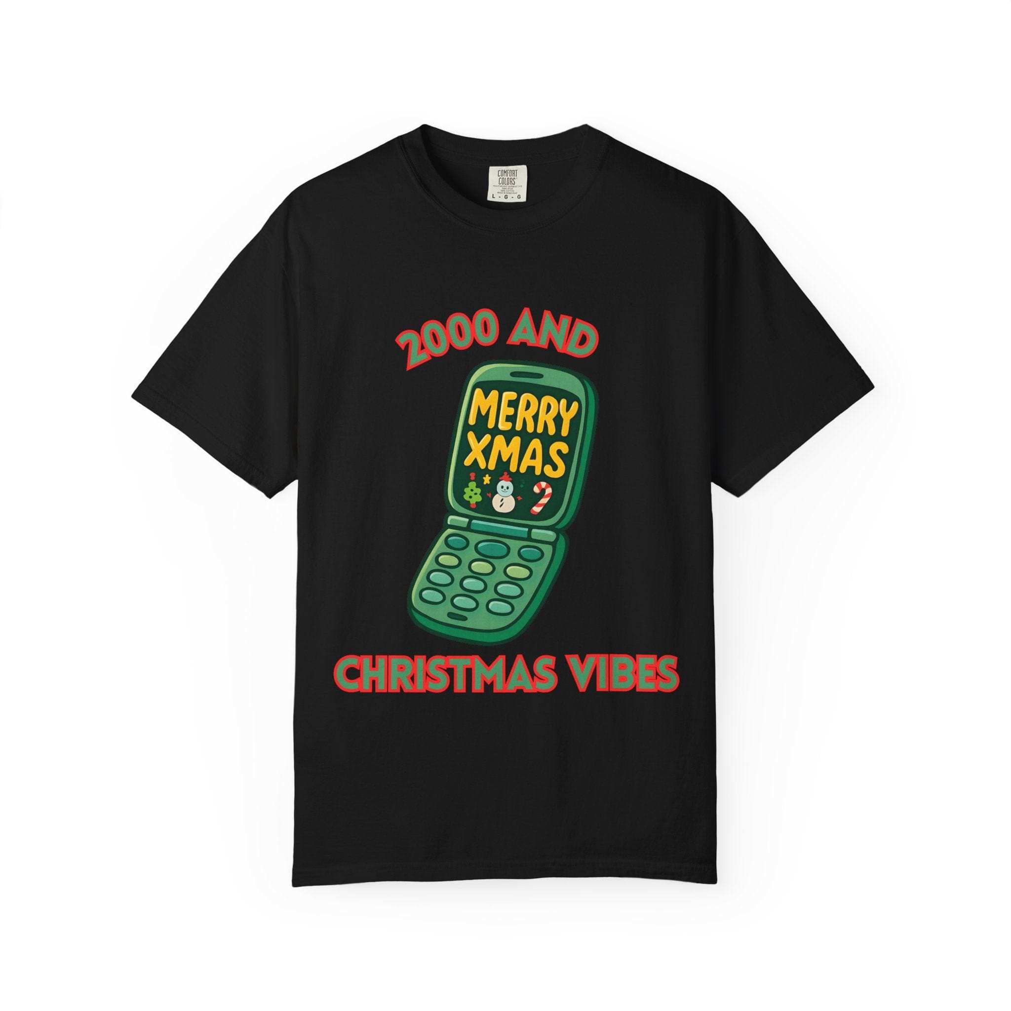 Black Retro 2000 Christmas T-Shirt by Printify with festive graphics and short sleeves