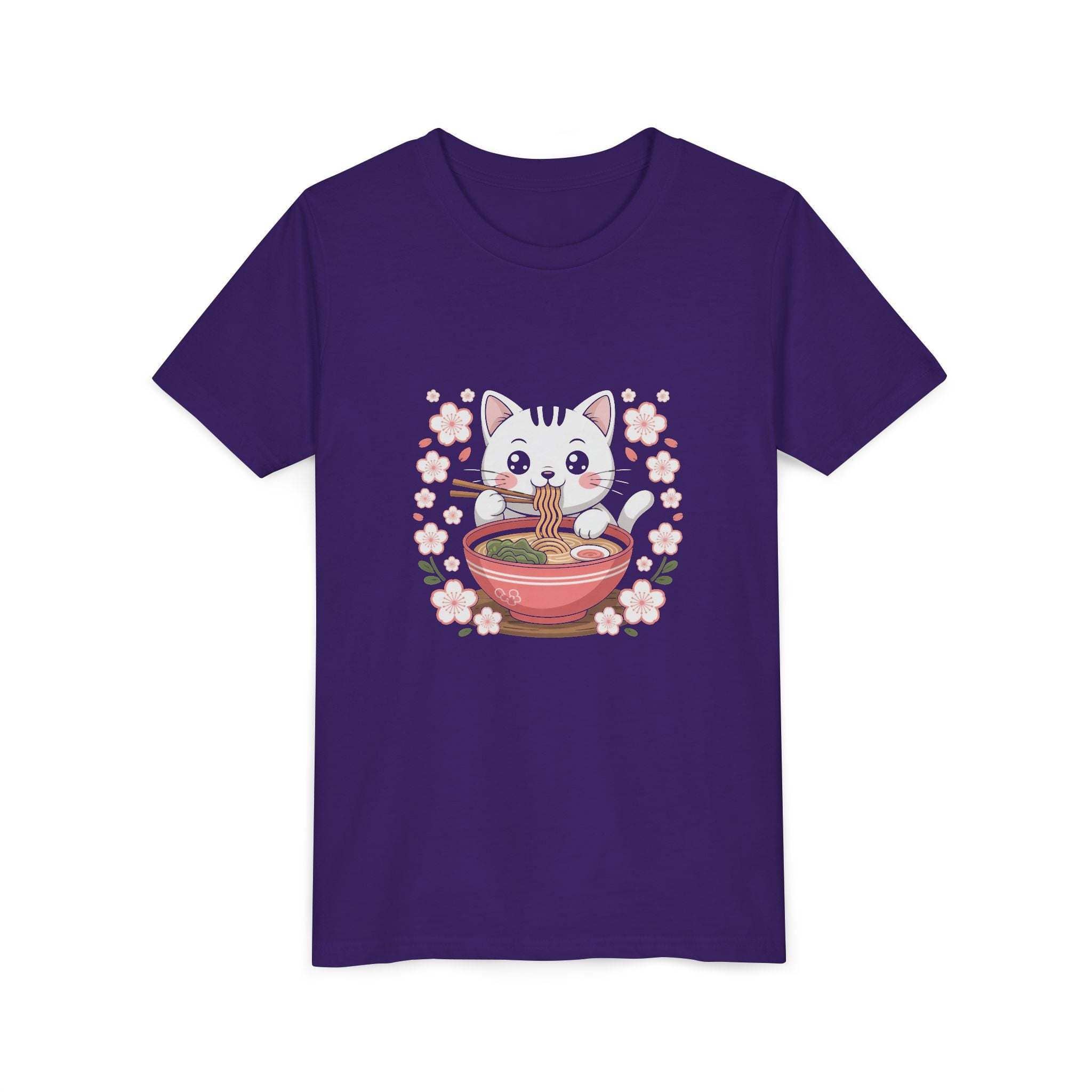 Youth tee with kawaii cat eating ramen bowl cartoon design