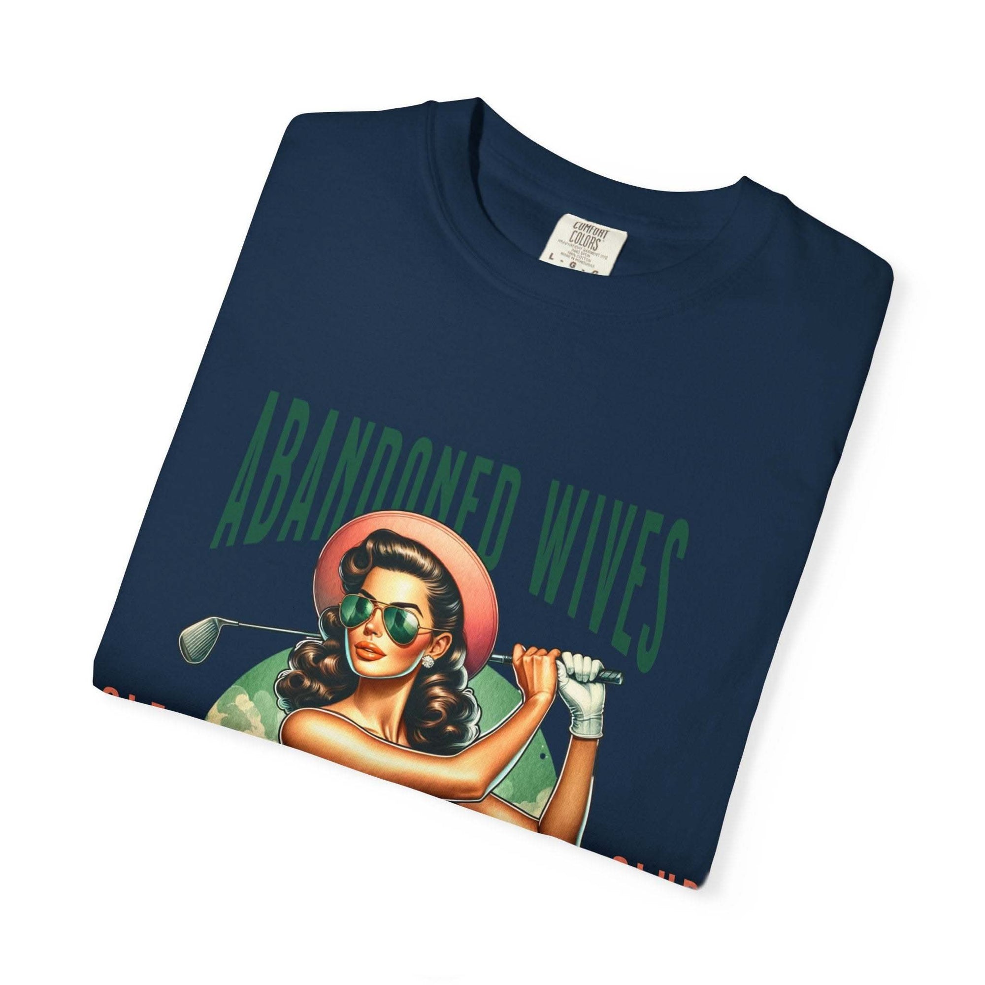 Vintage unisex t-shirt with humorous Abandoned Wives Golf Club design in navy blue