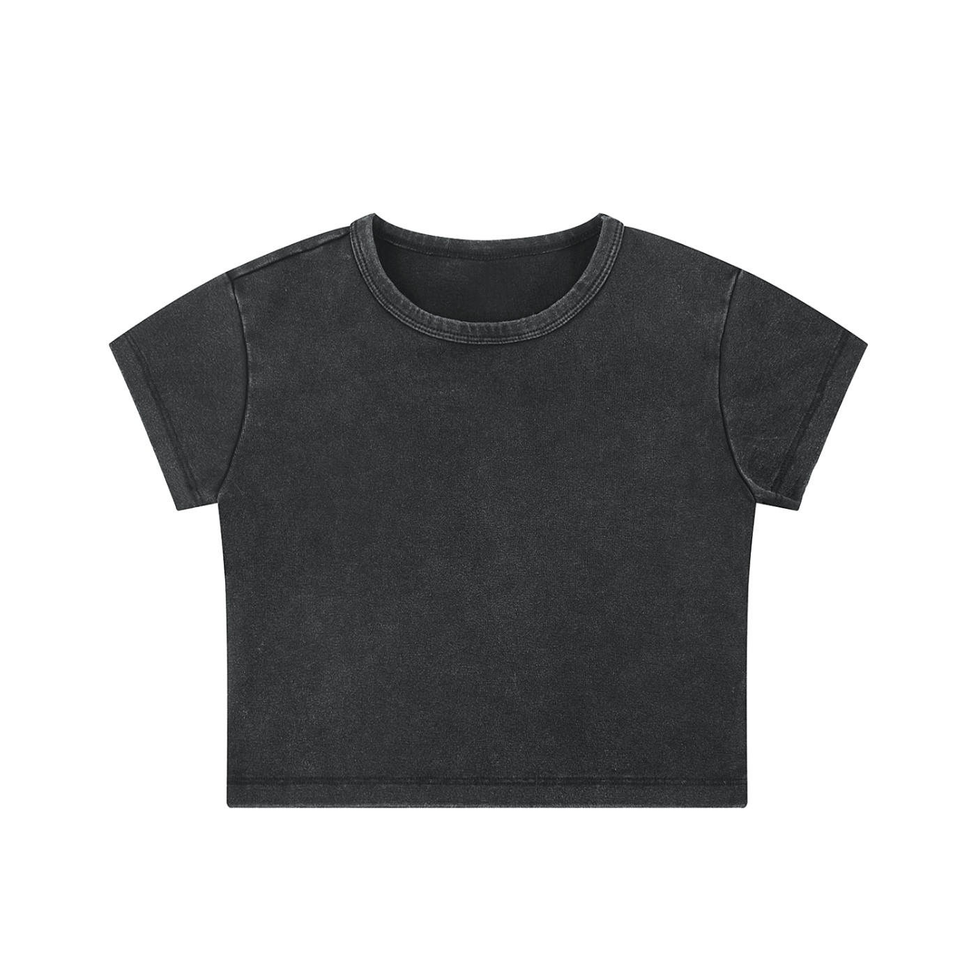 Woman wearing snow washed crop top with round neck and drop shoulder sleeves in casual streetwear style