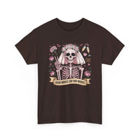 Bride Skull Illustration Tee featuring skeleton bride with roses and banner saying Good brides say bad words on white cotton shirt