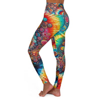 Rainbow tie-dye high-waisted leggings with all over print, made for activewear and festival wear by Printify