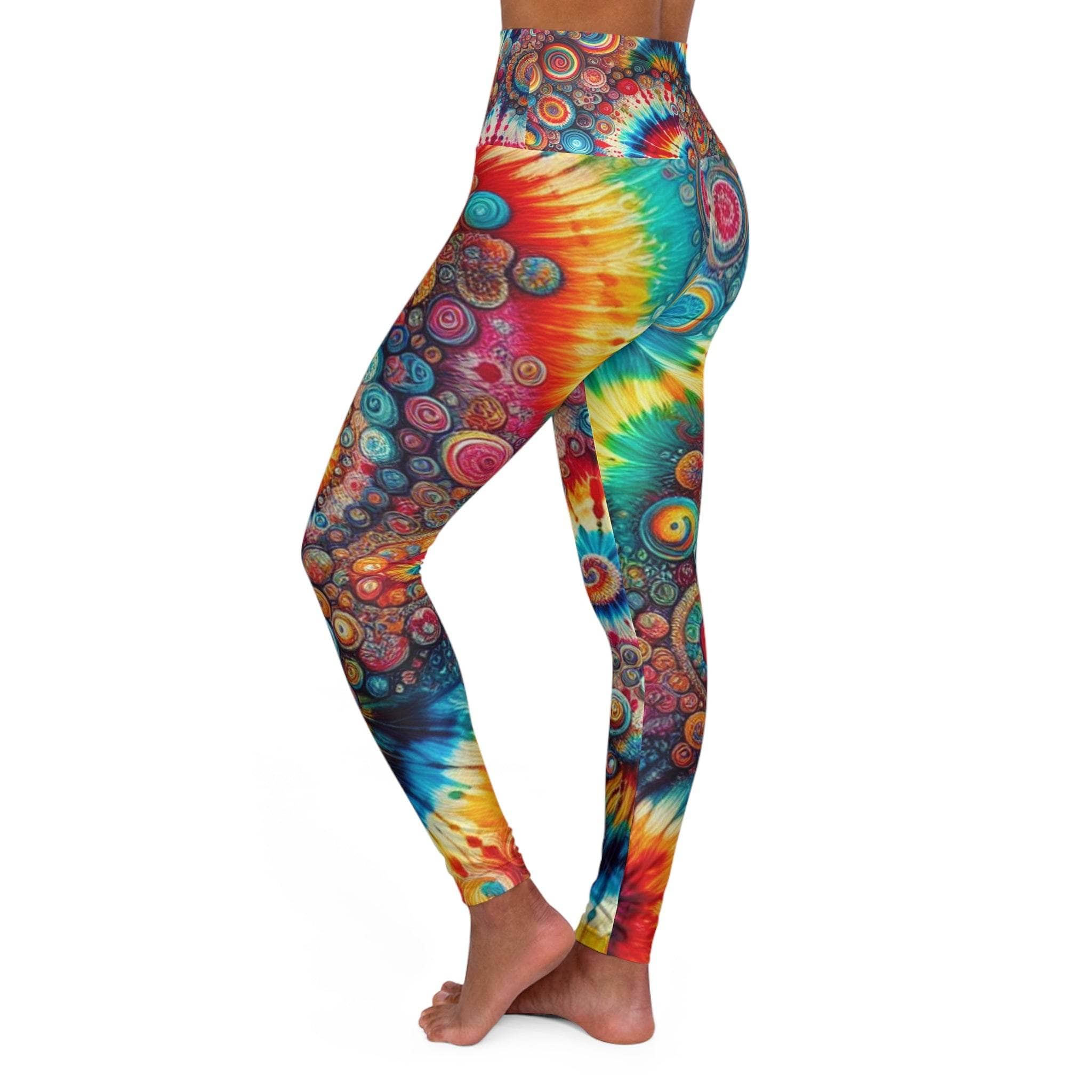 Rainbow tie-dye high-waisted leggings with all over print, made for activewear and festival wear by Printify