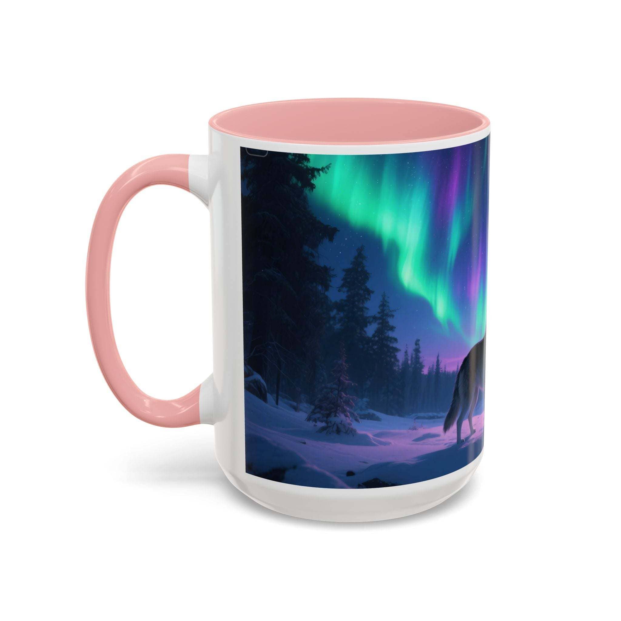 Howling wolf aurora mug with pink handle and interior showing northern lights and forest scene